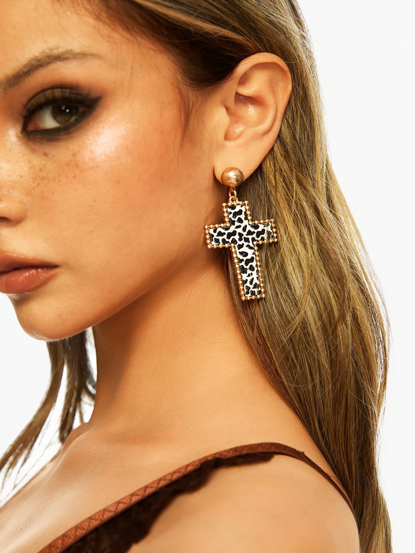 J-Fashion Halloween Fashionable Leopard Print Cross Drop Earrings, Suitable For Women Daily And Festival Wearing
