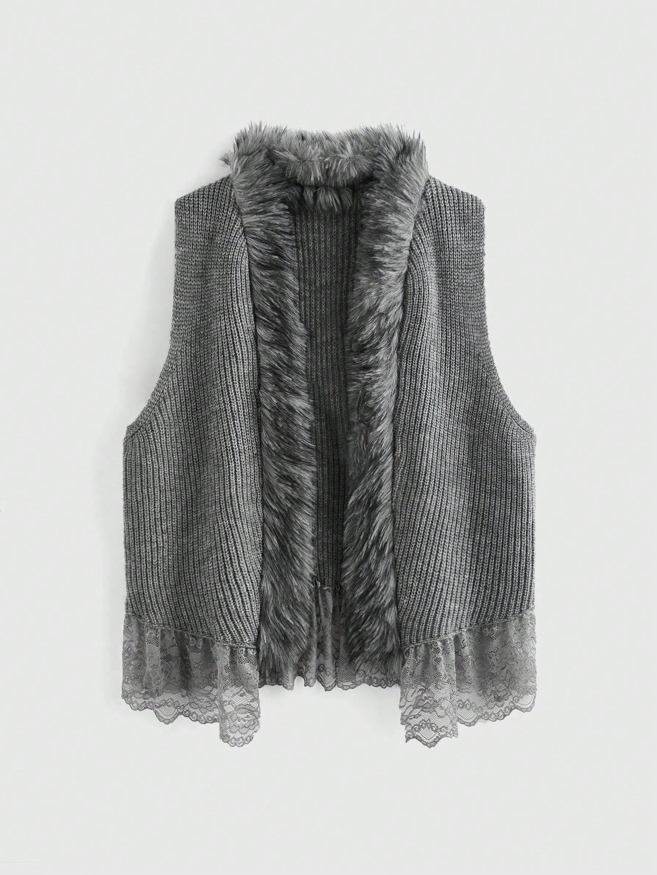 1pc Women Sleeveless Solid Color Fuzzy Patchwork Minimalist Knitted Cardigan Vest