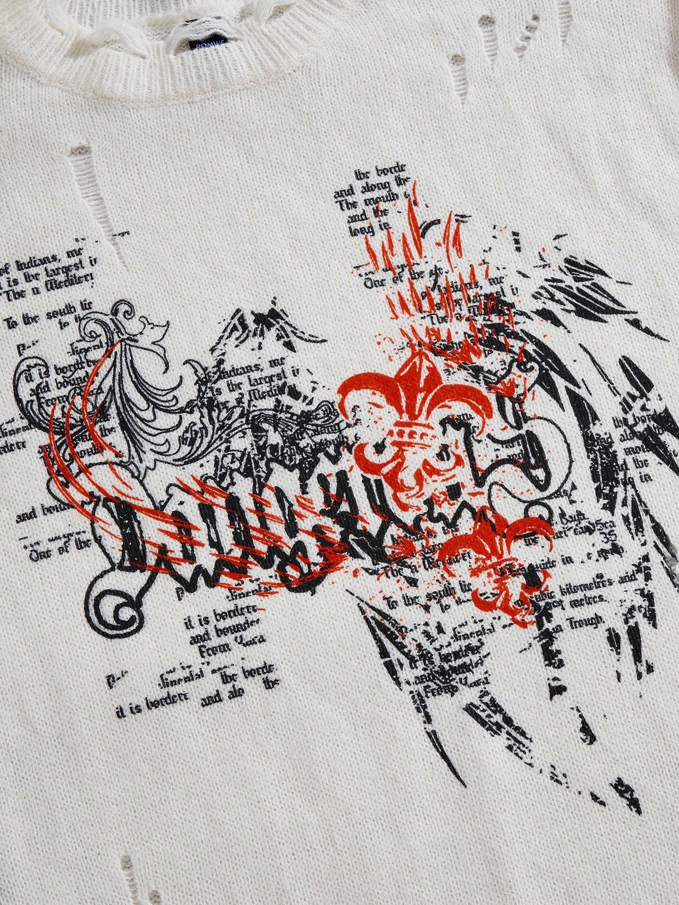 Men Casual Street Style Slogan Graphic Dropped Shoulder Loose Distressed White Pullover Sweater