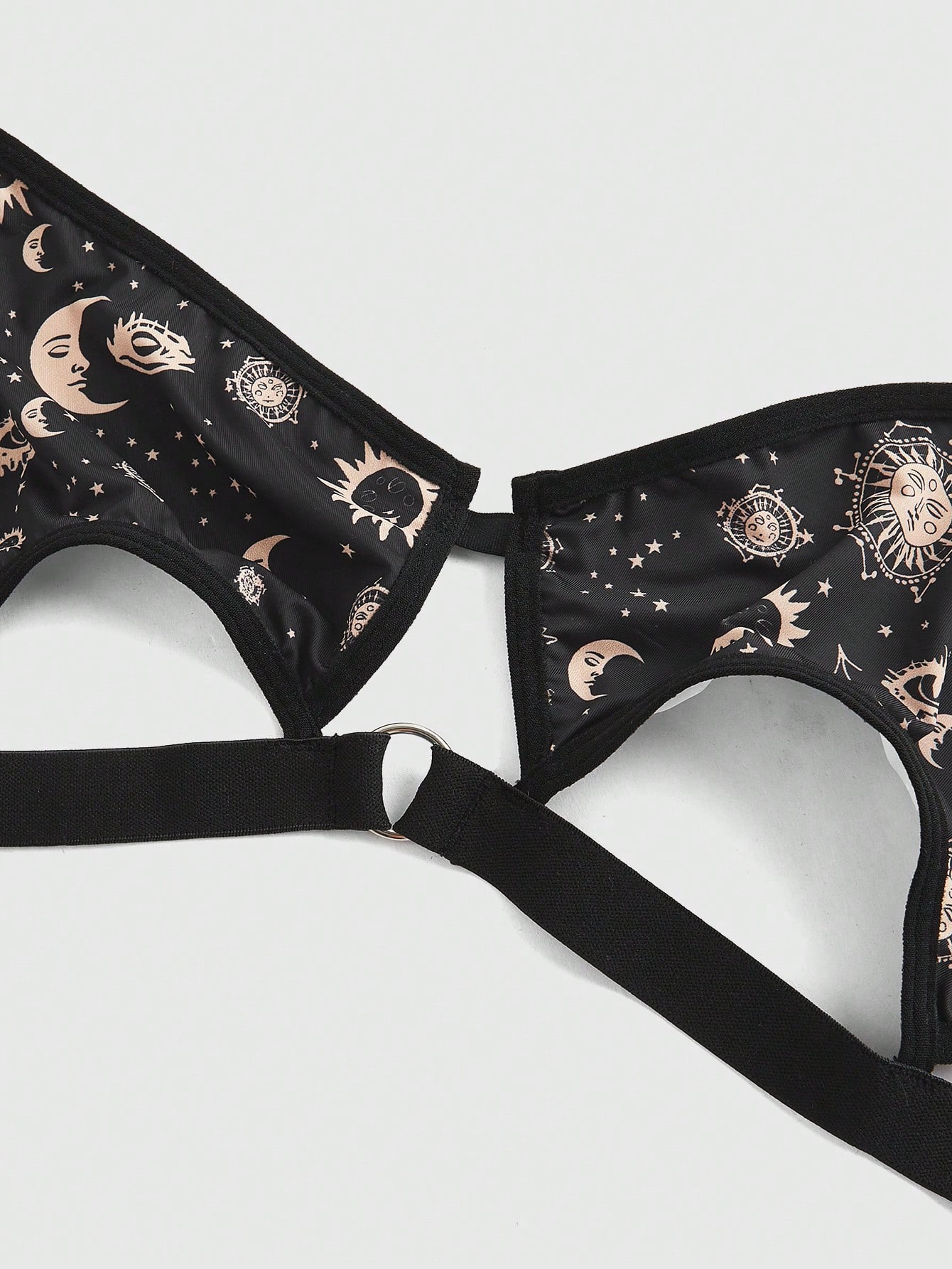Hippie 3pcs/Set Plus Size Sun Moon Star Print Hollow Bra, Thong And Garter, Lingerie Set