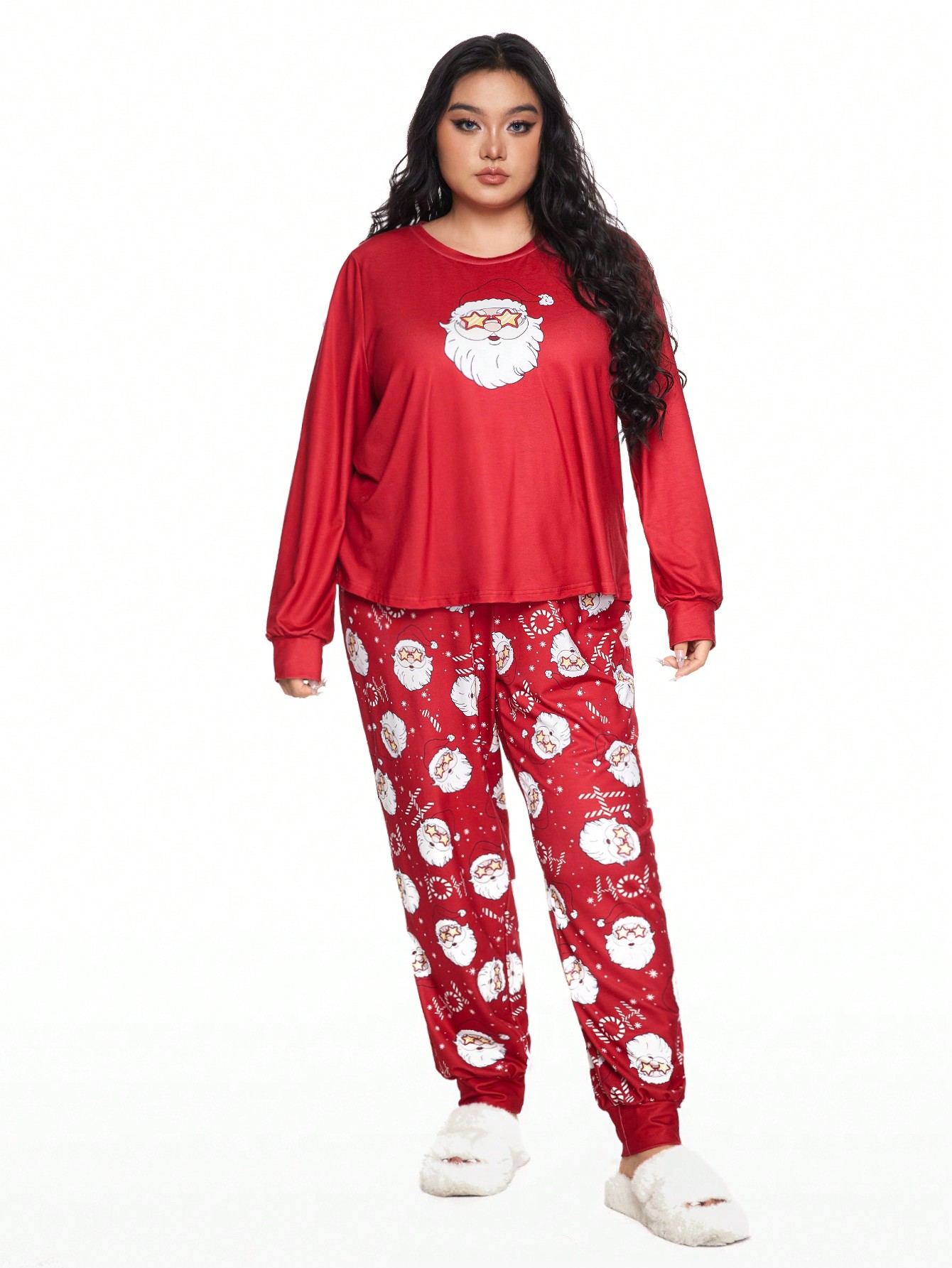 Plus Size Christmas Casual Long Sleeve Drawstring Pants Pajama Set
