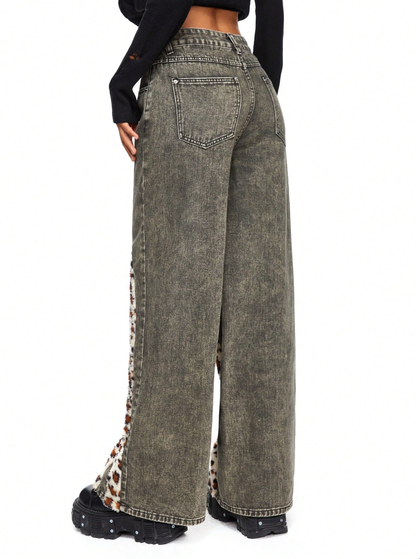 Grunge Punk Leopard Print Patch Pocket Casual Versatile Jeans
