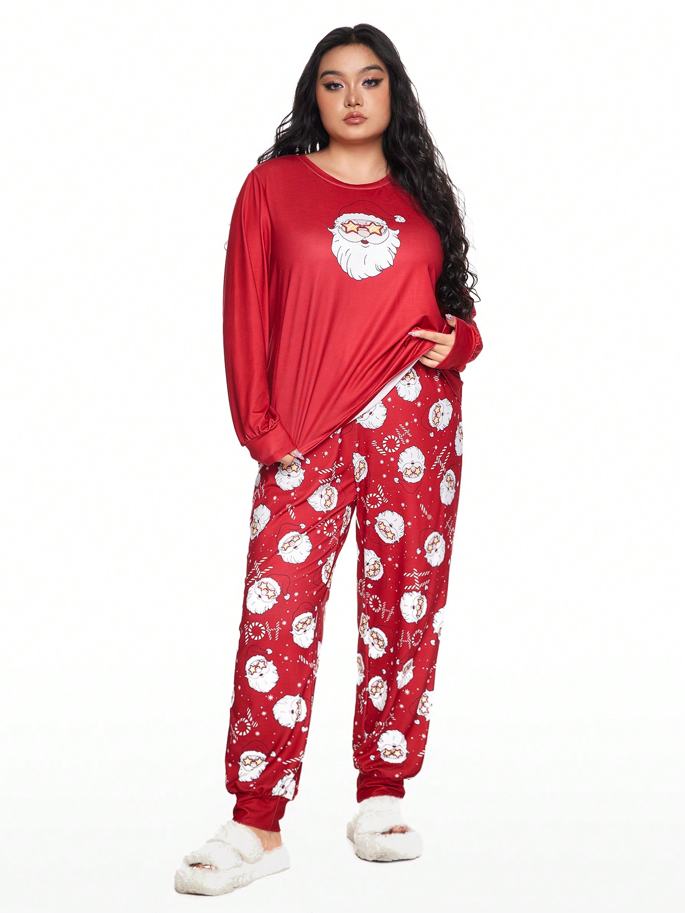 Plus Size Christmas Casual Long Sleeve Drawstring Pants Pajama Set