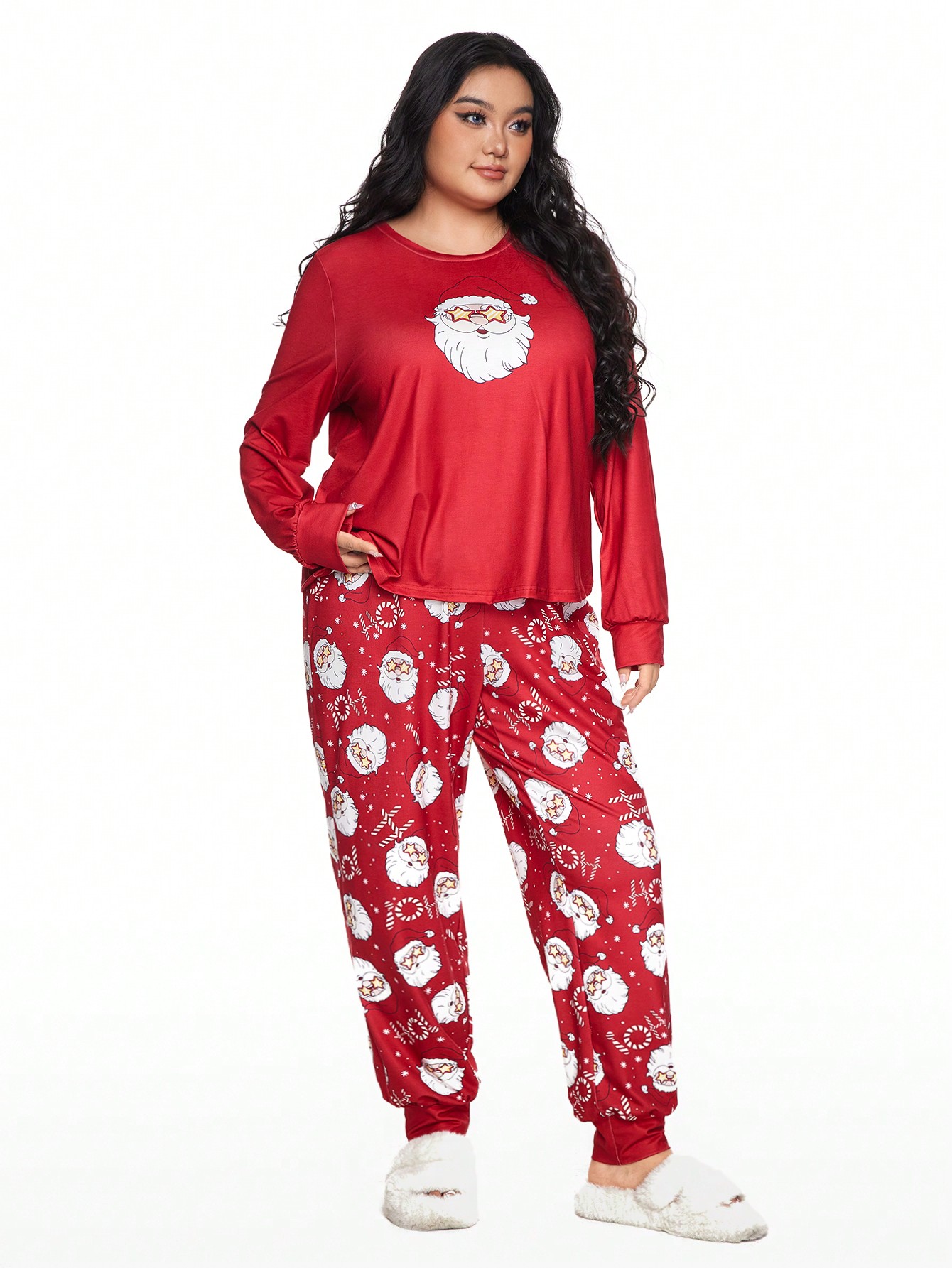 Plus Size Christmas Casual Long Sleeve Drawstring Pants Pajama Set