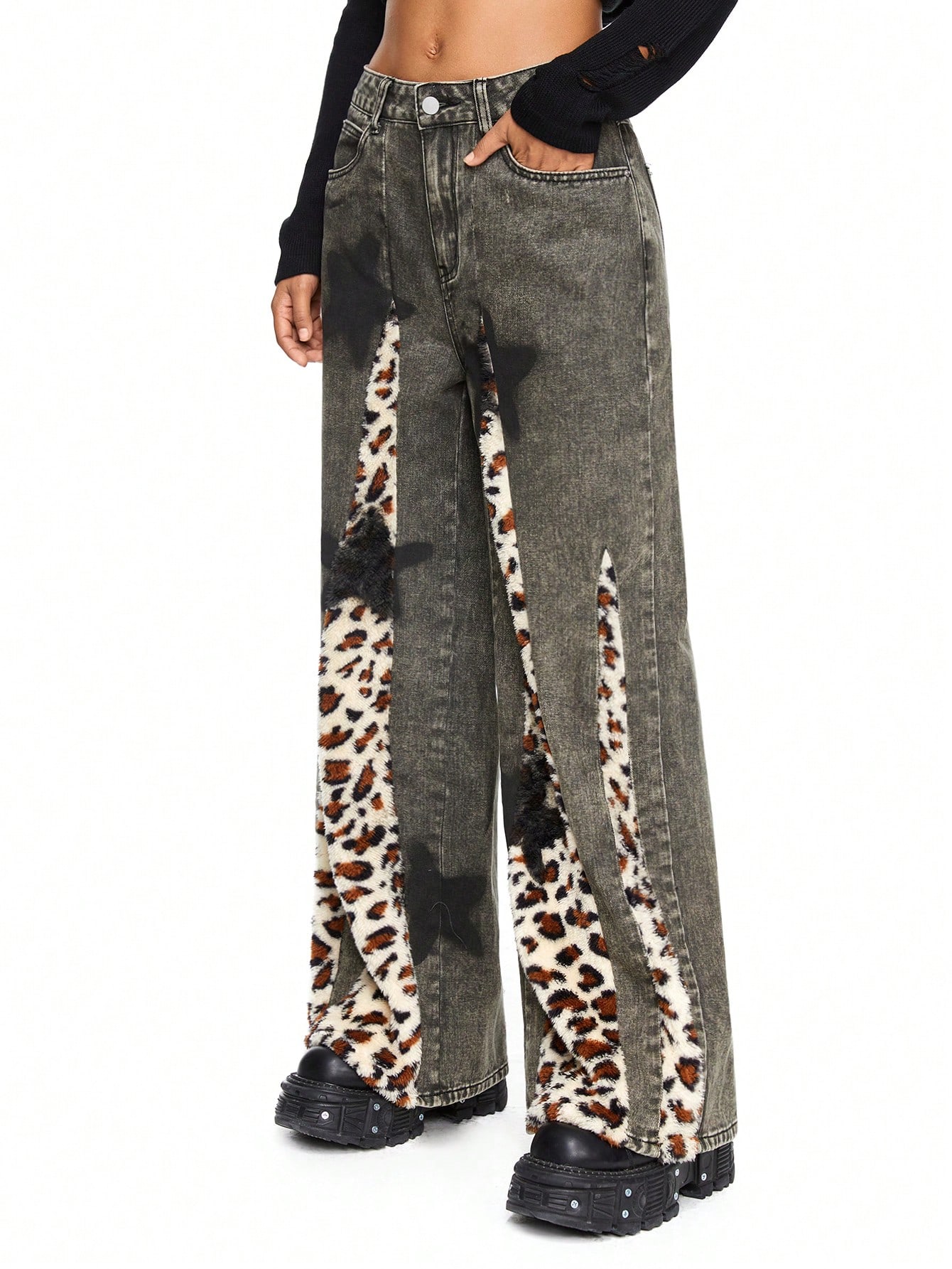 Grunge Punk Leopard Print Patch Pocket Casual Versatile Jeans