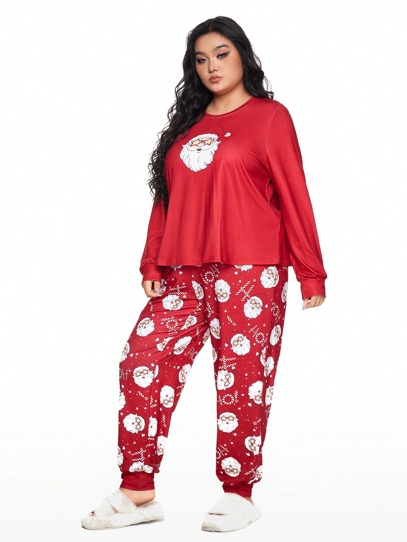 Plus Size Christmas Casual Long Sleeve Drawstring Pants Pajama Set