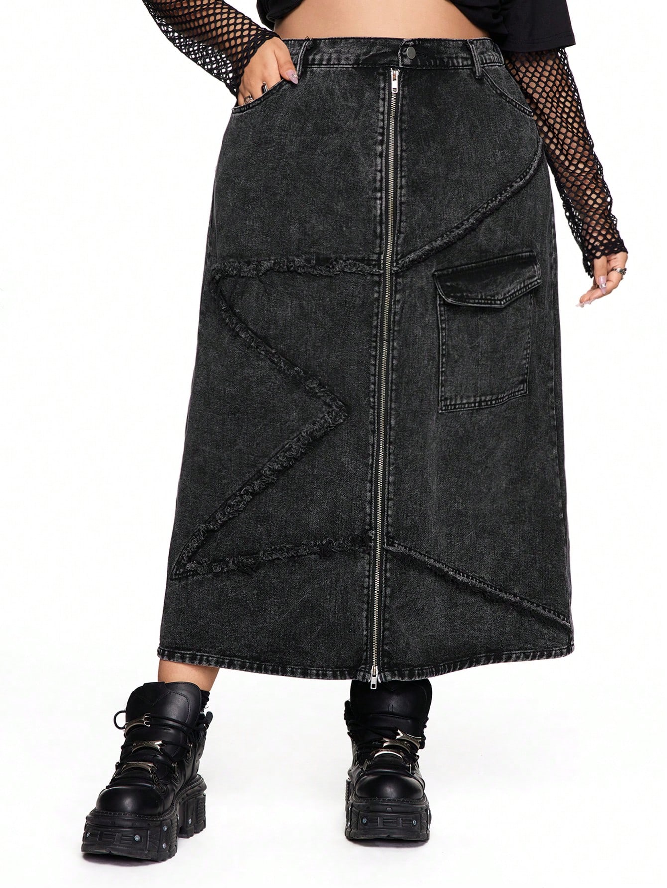 Grunge Punk Punk Vintage Distressed Embroidered Star Decorated Zipper Slit Plus Size Denim Mini Skirt