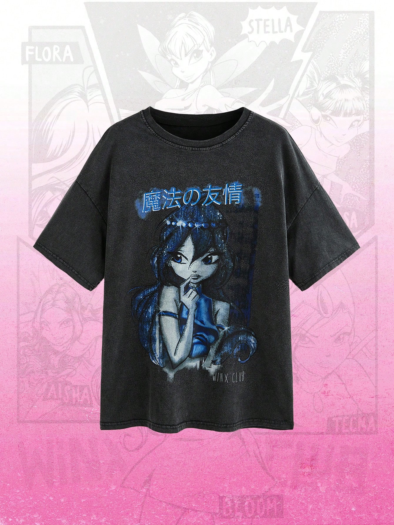 Winx Club X ROMWE Women Casual Cartoon Character & Letter Print Drop Shoulder Loose T-Shirt, Summer