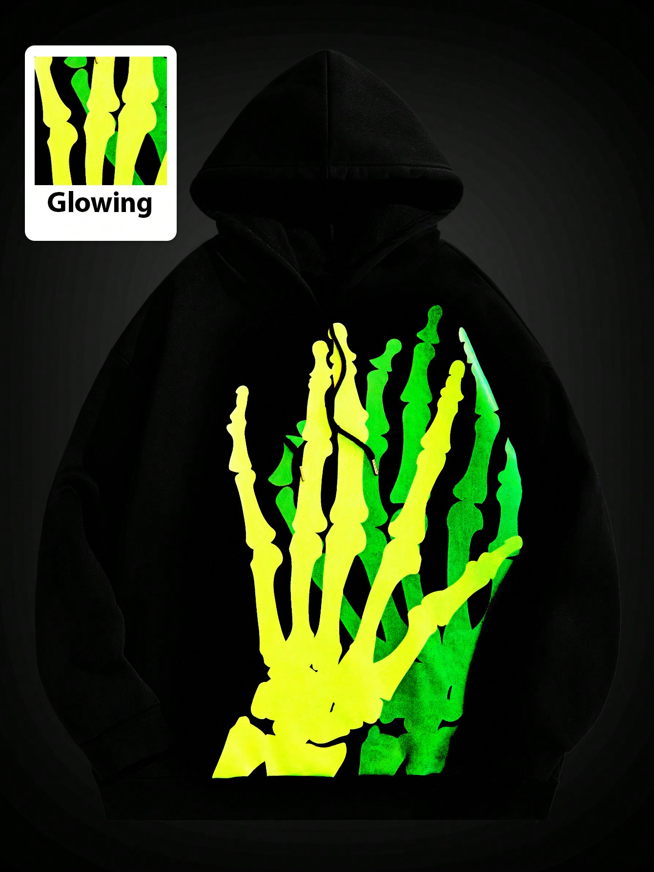 Street Life Men's Gothic Skeleton Hand Glow In The Dark Print Hoodie