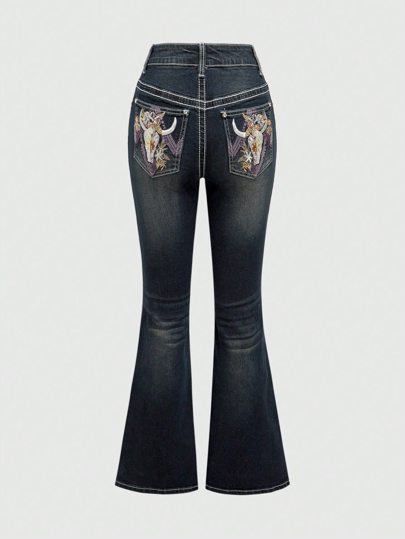 Fairycore Women's Y2K-Style Cross Patch Embroidered & Rhinestone Decor Flare Leg Jeans