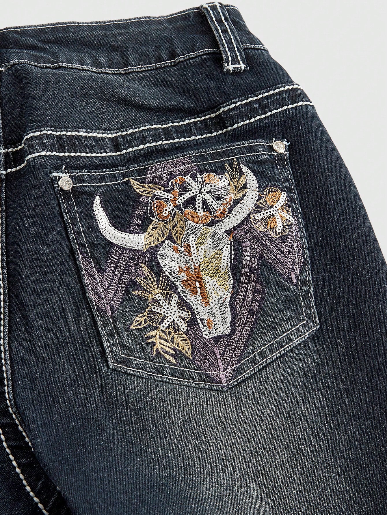 Fairycore Women's Y2K-Style Cross Patch Embroidered & Rhinestone Decor Flare Leg Jeans