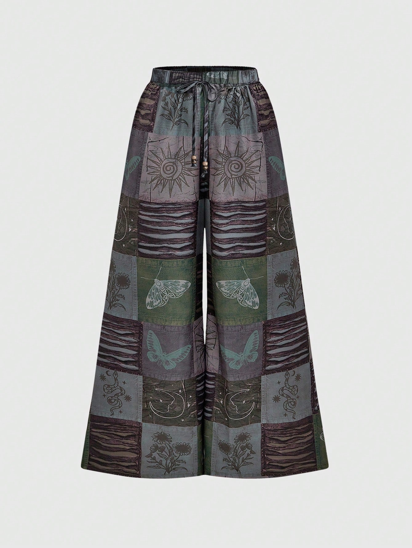 Hippie Boho Vintage Forest Style Botanical Patchwork Print Loose Fit Wide Leg Plus Size Pants