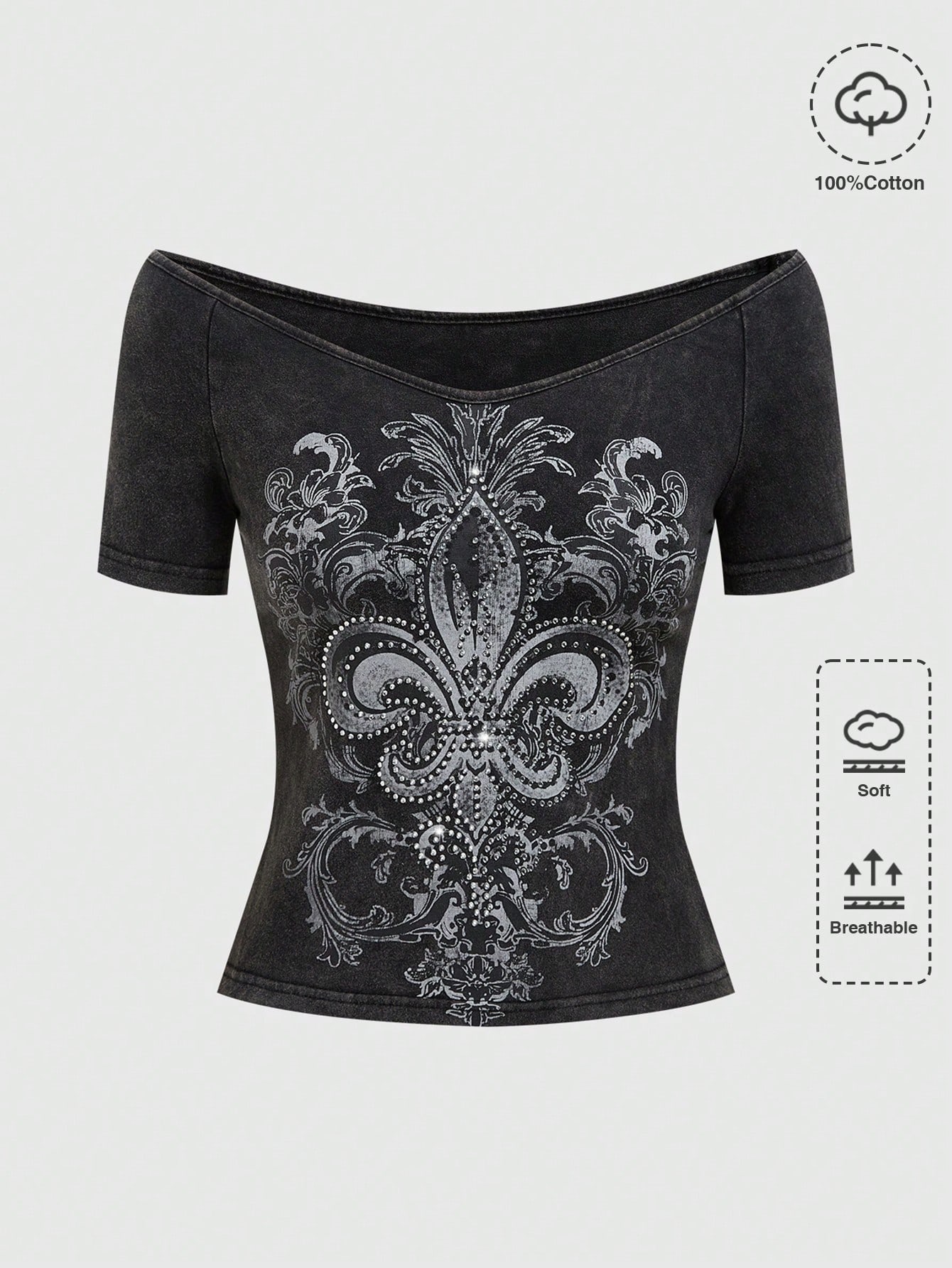 Fairycore Off Shoulder Lily Flower & Vine Printed T-Shirt With Snowflake Hot Drilling