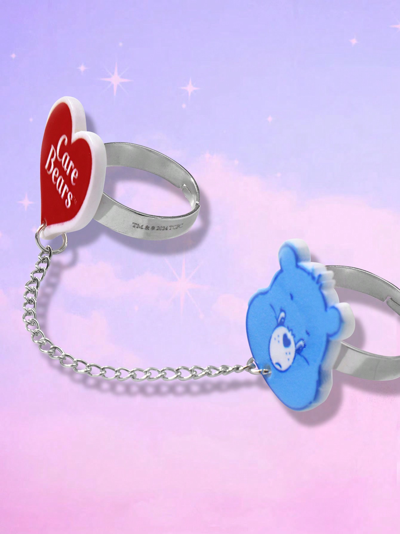 ROMWE X Care Bears 1 Set Adorable Expression Custom 2pcs Ring Chain Link Connecting Set, Heart Shaped Stainless Steel Open Size Adjustable Rings, Suitable For Women Everyday Wear, Holiday Gift