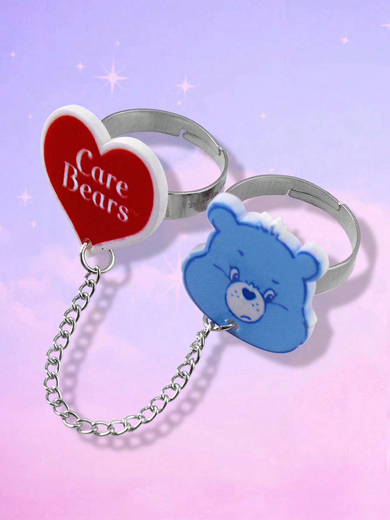 ROMWE X Care Bears 1 Set Adorable Expression Custom 2pcs Ring Chain Link Connecting Set, Heart Shaped Stainless Steel Open Size Adjustable Rings, Suitable For Women Everyday Wear, Holiday Gift
