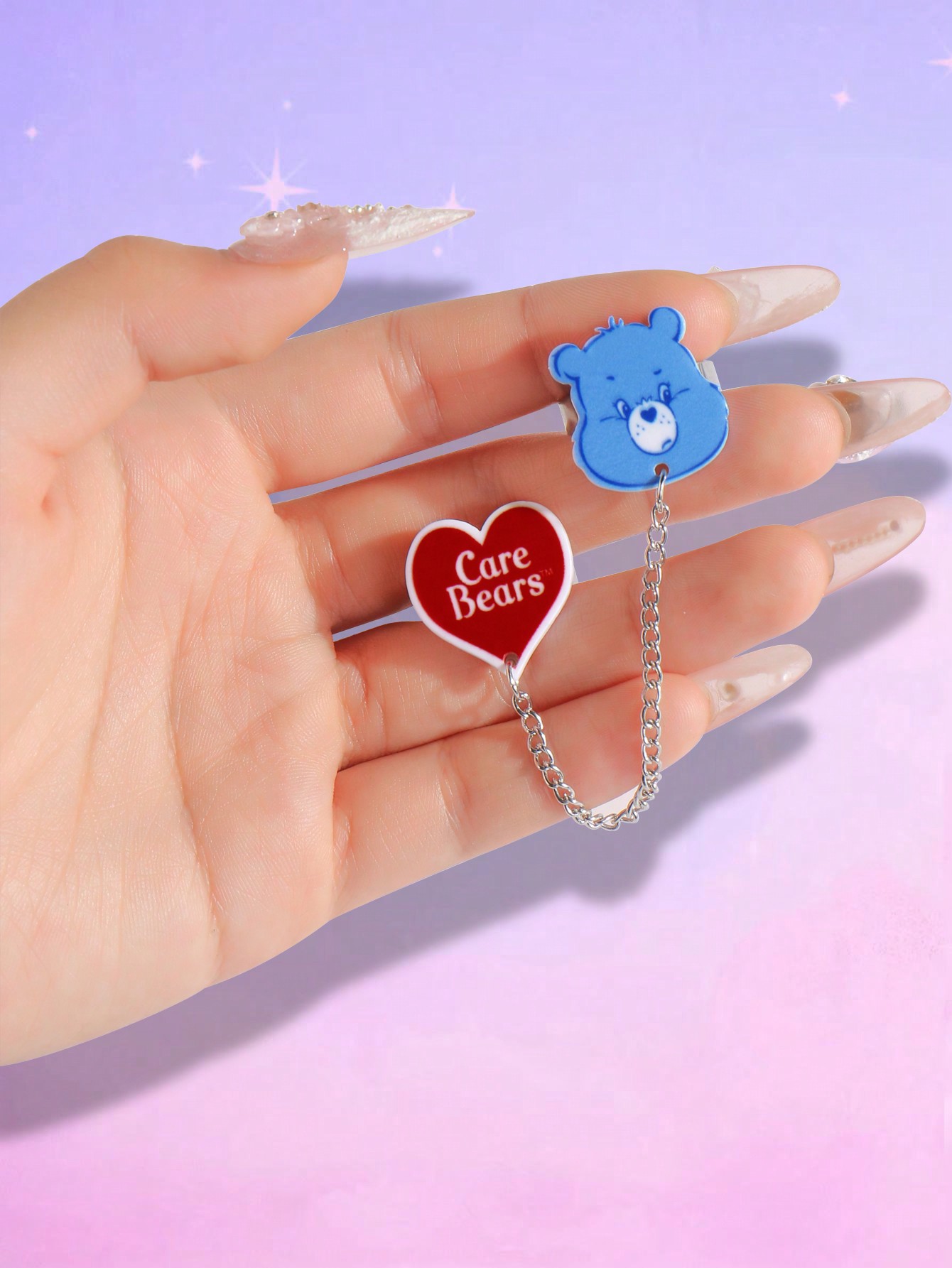 ROMWE X Care Bears 1 Set Adorable Expression Custom 2pcs Ring Chain Link Connecting Set, Heart Shaped Stainless Steel Open Size Adjustable Rings, Suitable For Women Everyday Wear, Holiday Gift