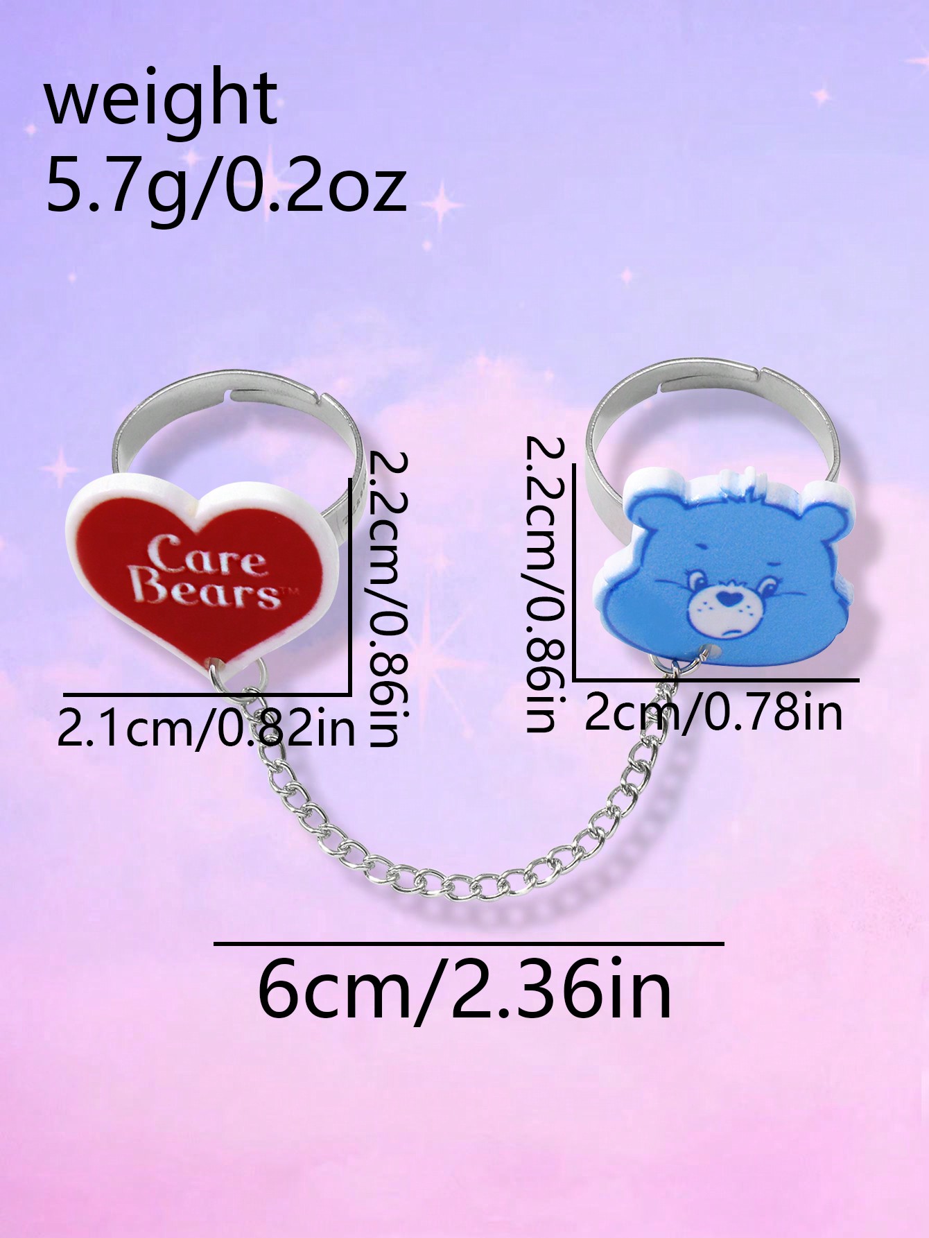 ROMWE X Care Bears 1 Set Adorable Expression Custom 2pcs Ring Chain Link Connecting Set, Heart Shaped Stainless Steel Open Size Adjustable Rings, Suitable For Women Everyday Wear, Holiday Gift