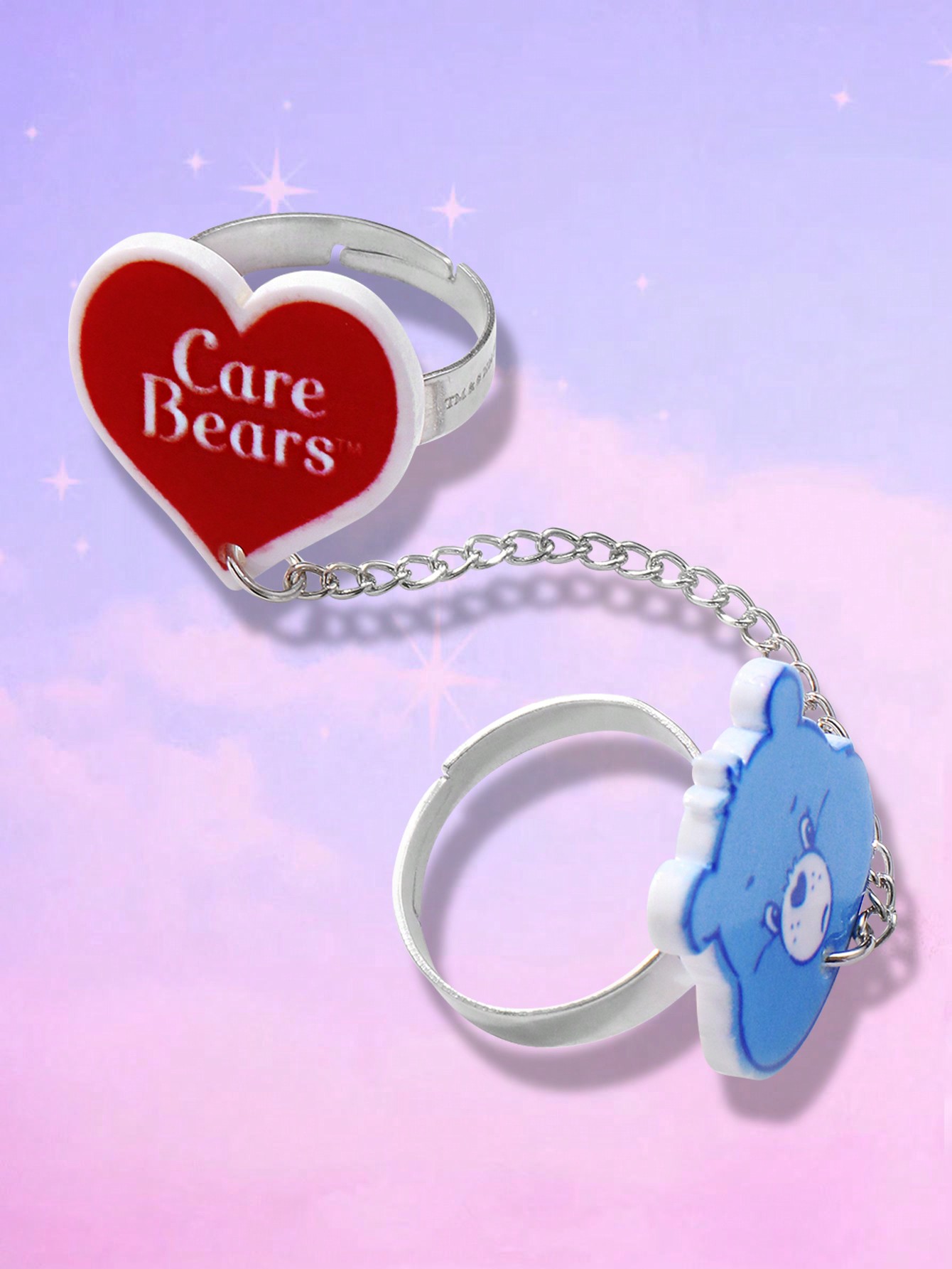 ROMWE X Care Bears 1 Set Adorable Expression Custom 2pcs Ring Chain Link Connecting Set, Heart Shaped Stainless Steel Open Size Adjustable Rings, Suitable For Women Everyday Wear, Holiday Gift