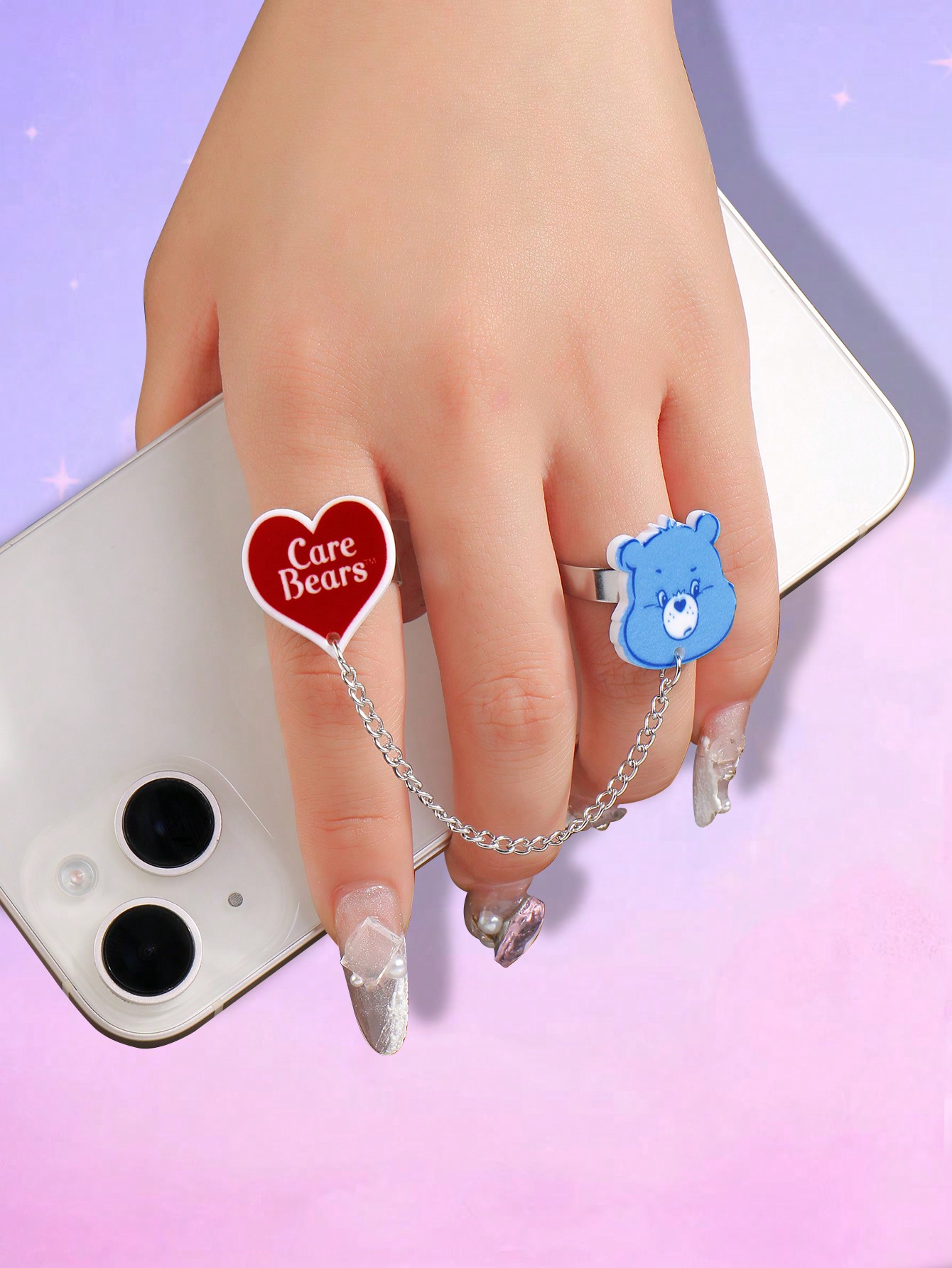 ROMWE X Care Bears 1 Set Adorable Expression Custom 2pcs Ring Chain Link Connecting Set, Heart Shaped Stainless Steel Open Size Adjustable Rings, Suitable For Women Everyday Wear, Holiday Gift