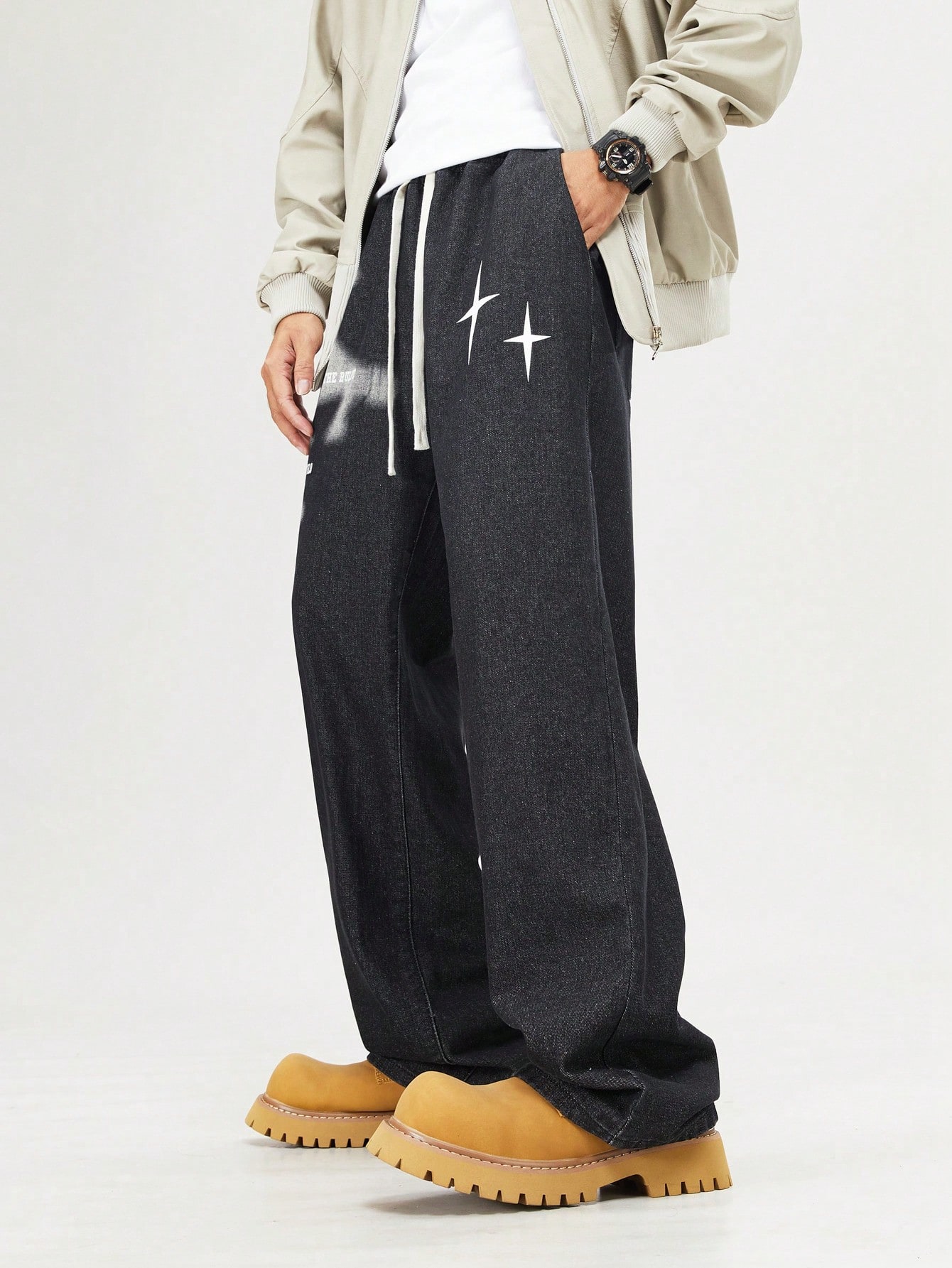 Street Life Men's Casual Street Fashion Letter & Star Print Drawstring Waist Loose Straight Leg Jeans