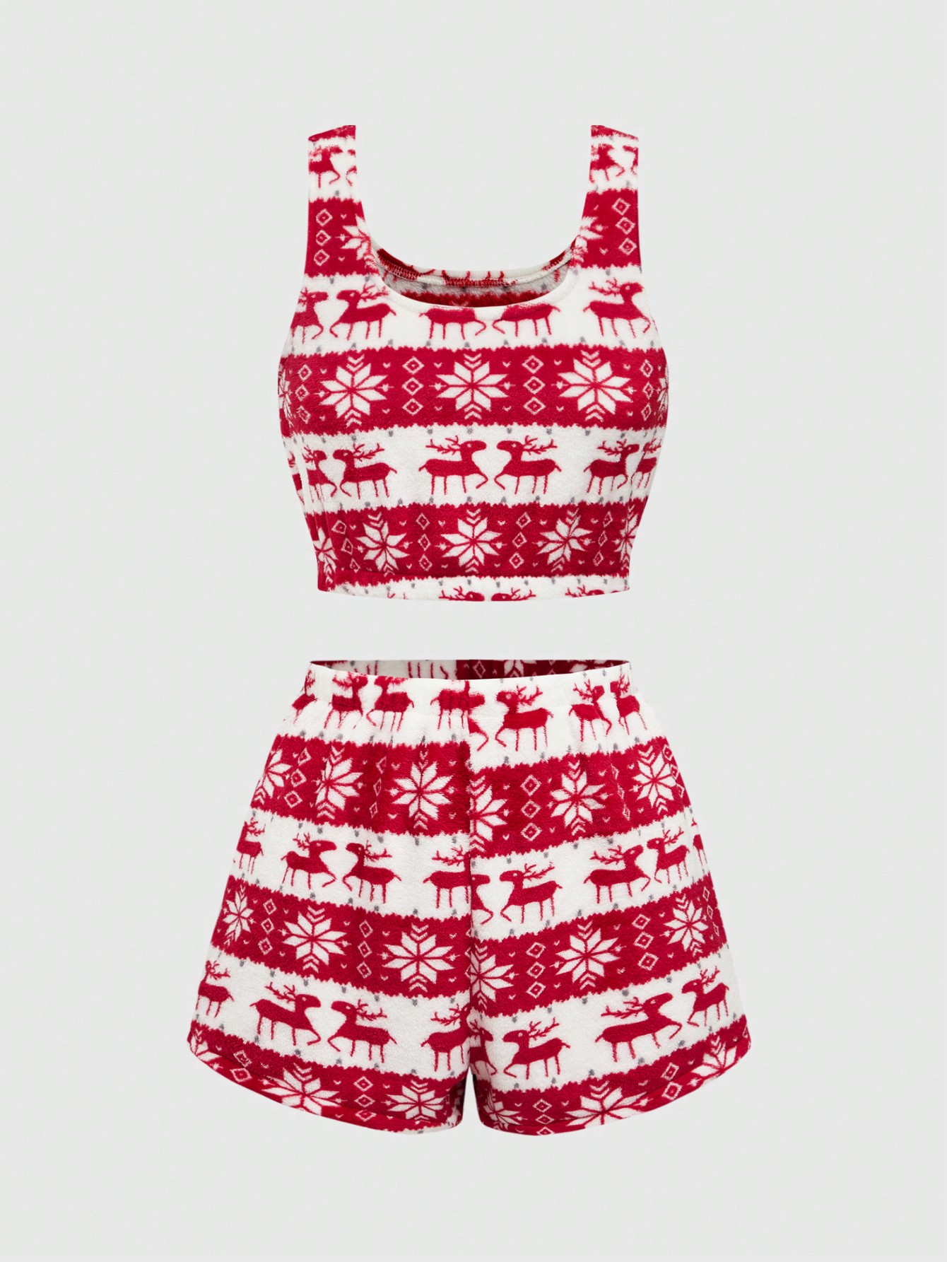 Christmas Plush Tank Top & Shorts Loungewear Pajama Set, For Holiday