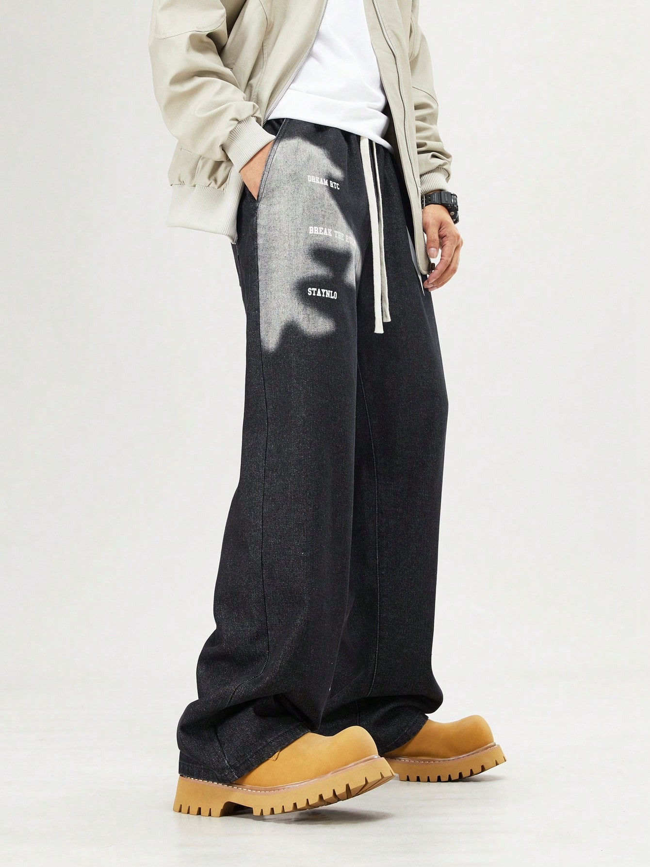 Street Life Men's Casual Street Fashion Letter & Star Print Drawstring Waist Loose Straight Leg Jeans