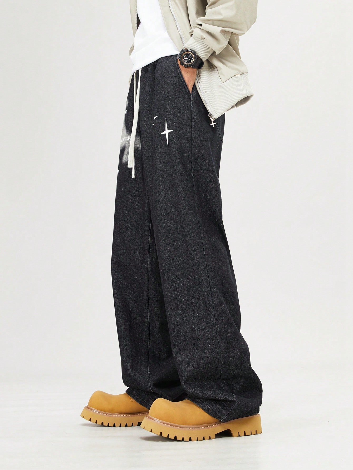 Street Life Men's Casual Street Fashion Letter & Star Print Drawstring Waist Loose Straight Leg Jeans
