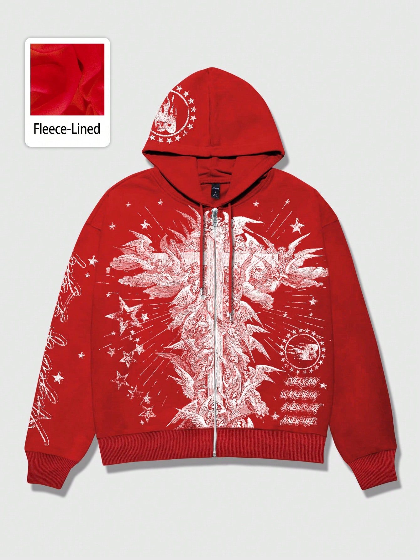 Street Life Men's Casual Letter & Angel Print Zip Up Drawstring Hoodie Sweatshirt, Autumn