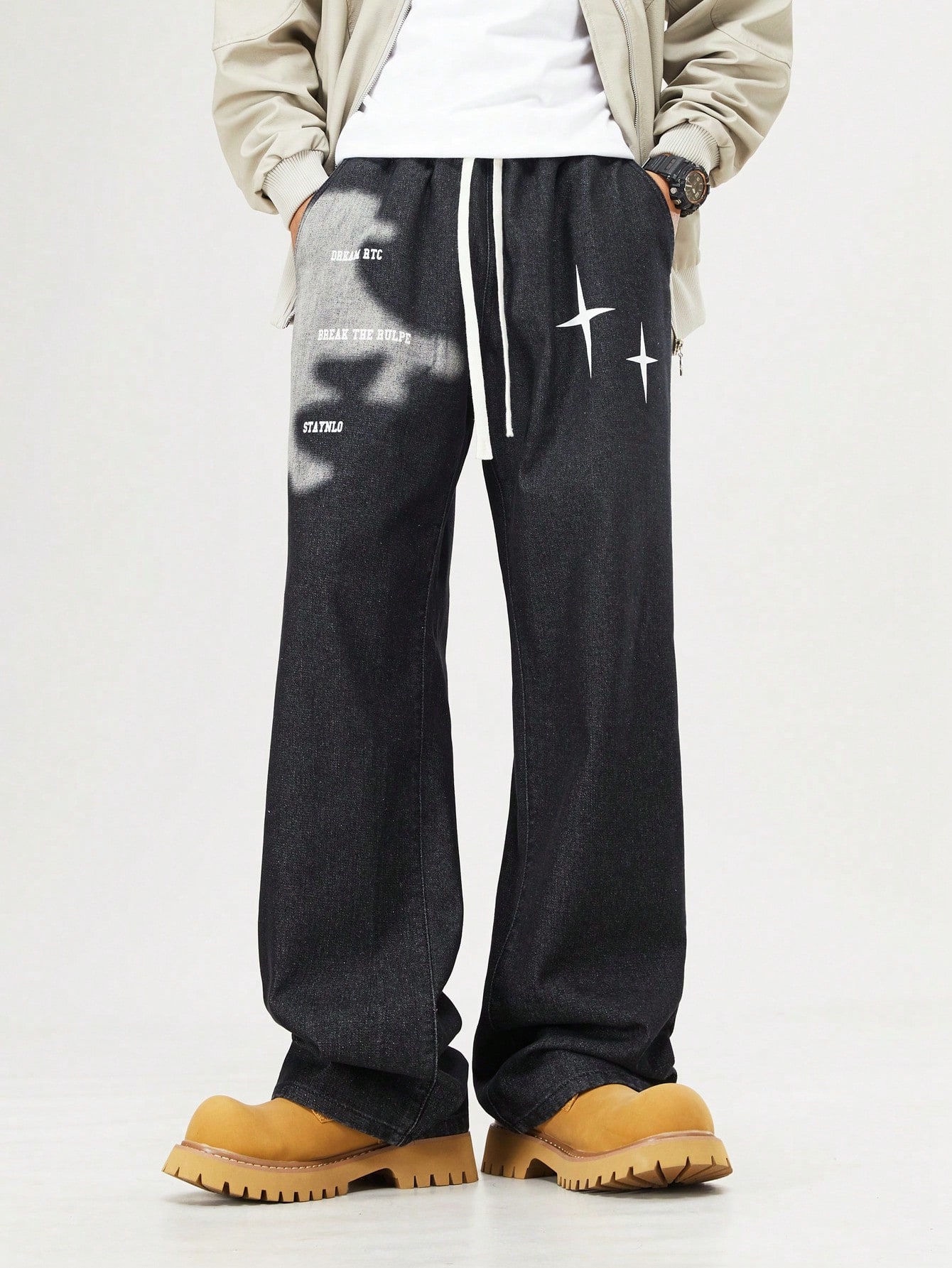 Street Life Men's Casual Street Fashion Letter & Star Print Drawstring Waist Loose Straight Leg Jeans