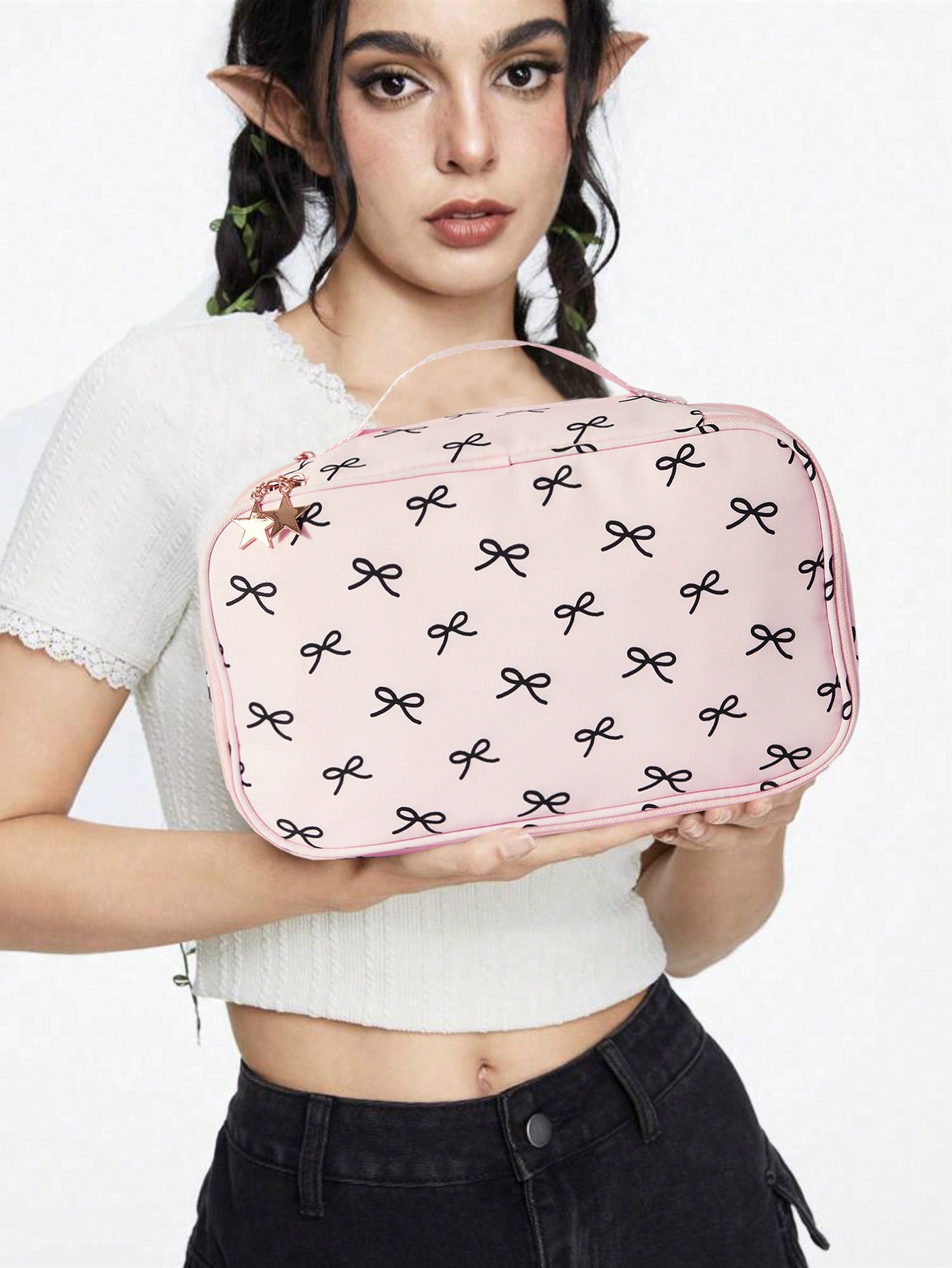 Kawaii Cartoon Pink Bow Large Capacity Portable Cosmetic Pouch For Women