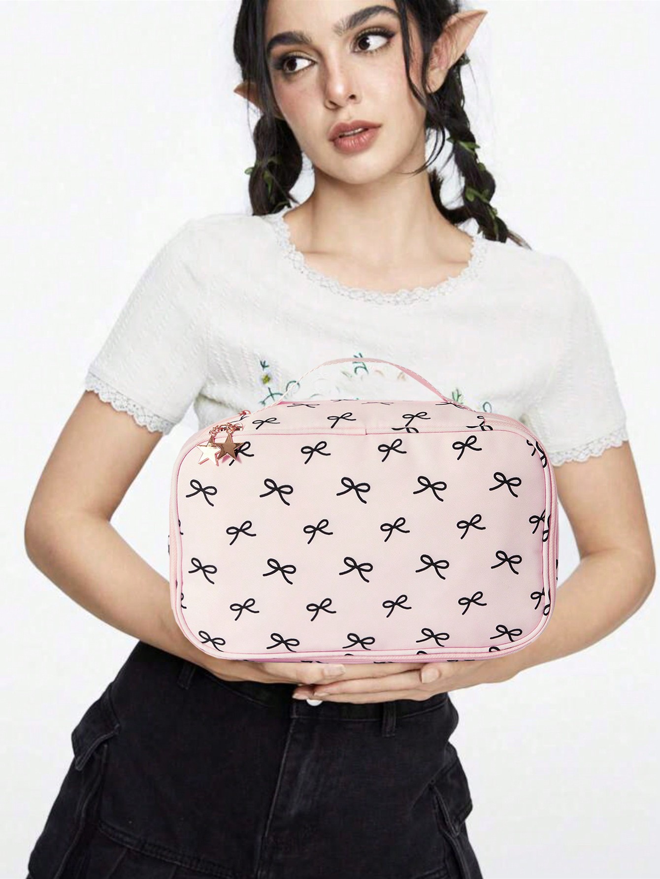 Kawaii Cartoon Pink Bow Large Capacity Portable Cosmetic Pouch For Women