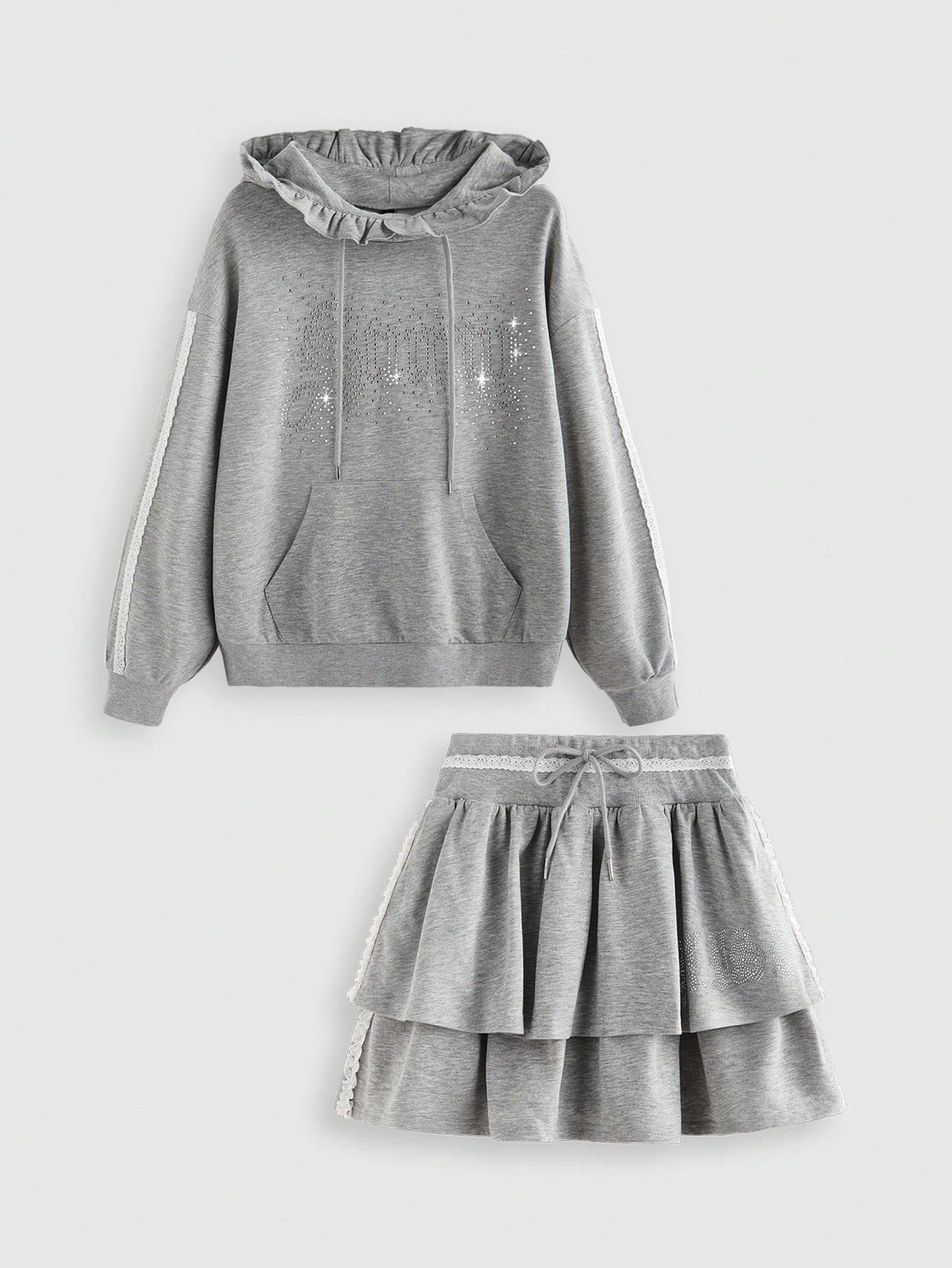 Kawaii 2pcs/Set Women Casual Cute Rhinestone Letter Print Long Sleeve Hoodie Sweatshirt & Double Ruffle Hem Mini Skirt, Autumn
