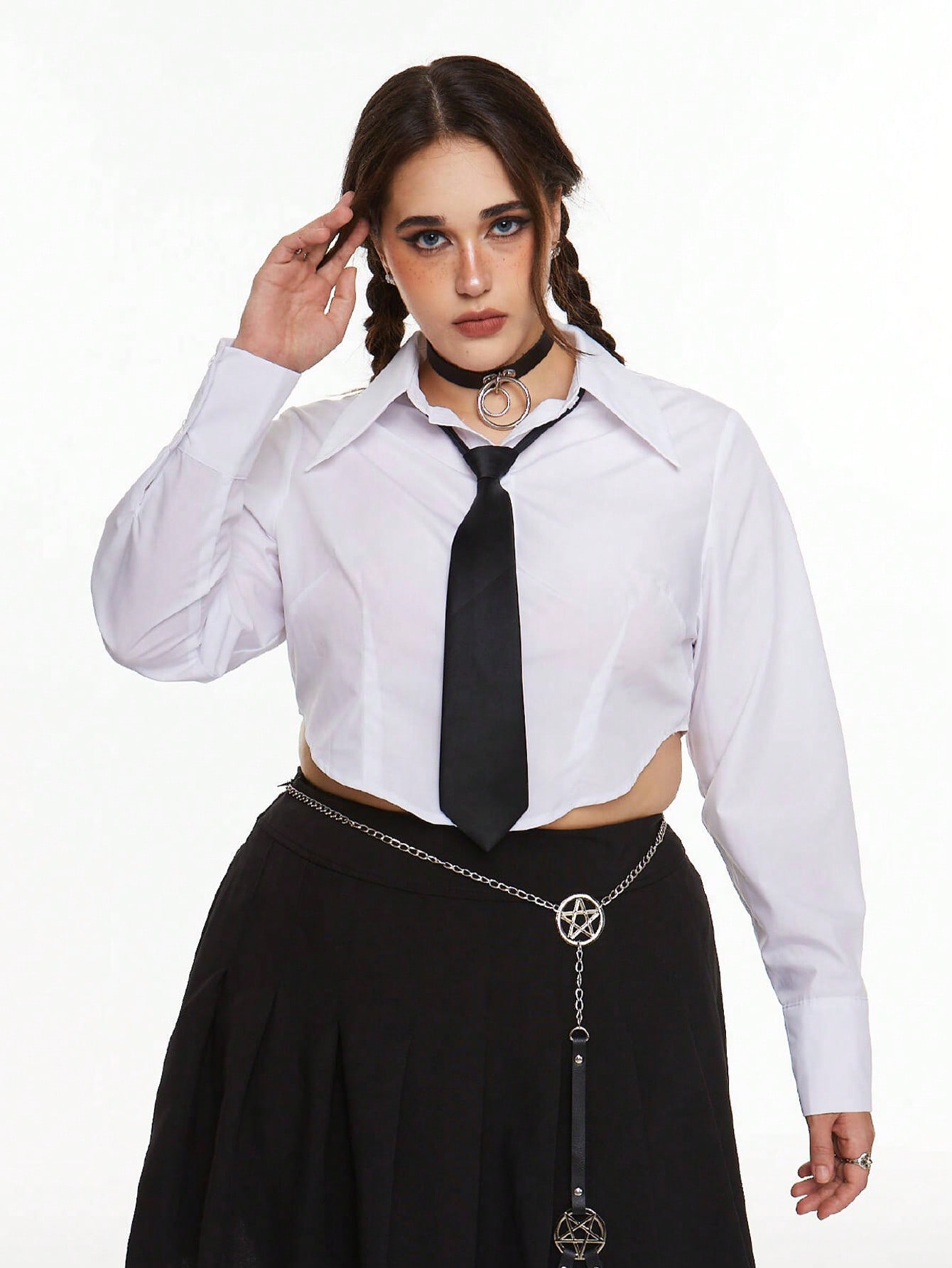 Academia Simple And Sexy Long-Sleeved Tie Collar Shirt With Button-Front And Solid Color Fit, Plus Size, Great For Commuting