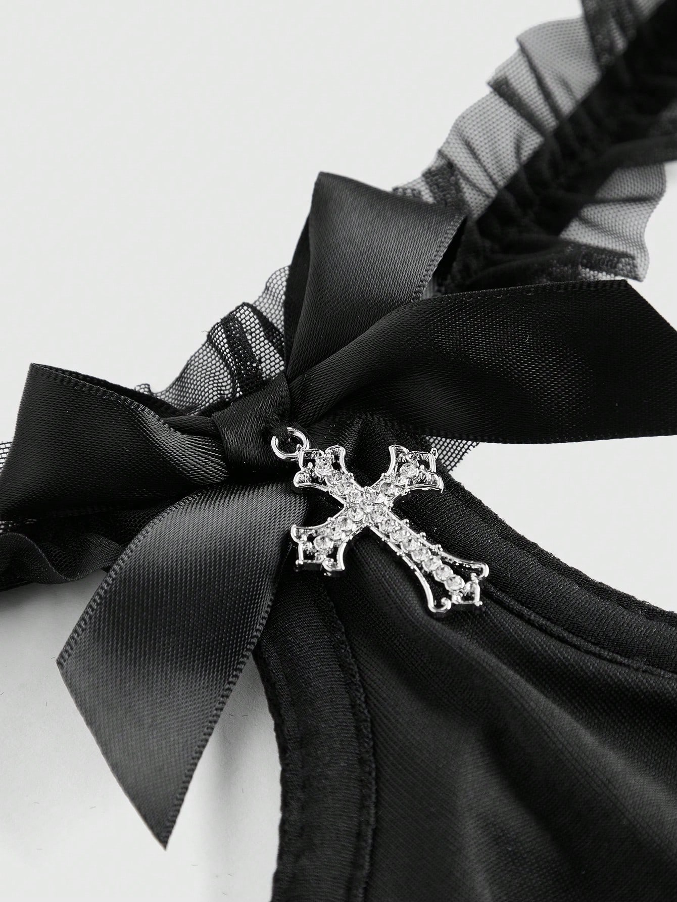 Goth Goth Sexy See-Through Bow Tie Cross Pendant Bodysuit Lingerie