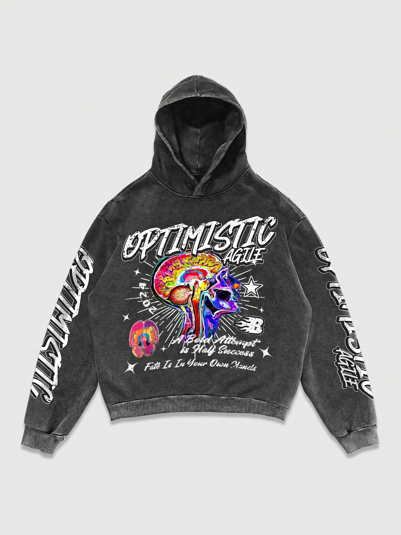 Street Life Men's Funny Graffiti Portrait Print Washed Vintage Hoodie, High Street