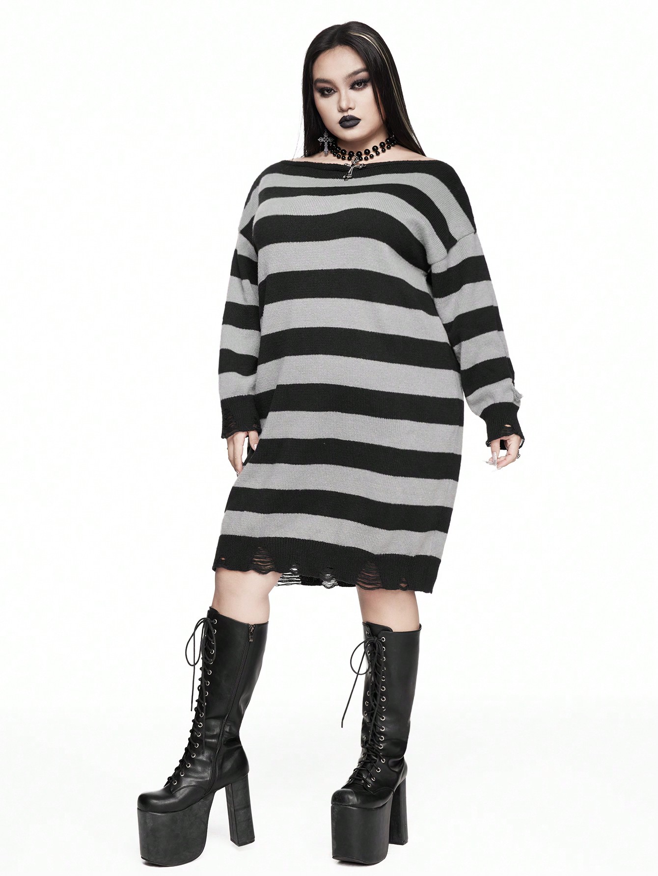 Goth Plus Size Women Gothic Punk Style Oblique Shoulder Black & Gray Striped Loose Sweater Dress, For Winter