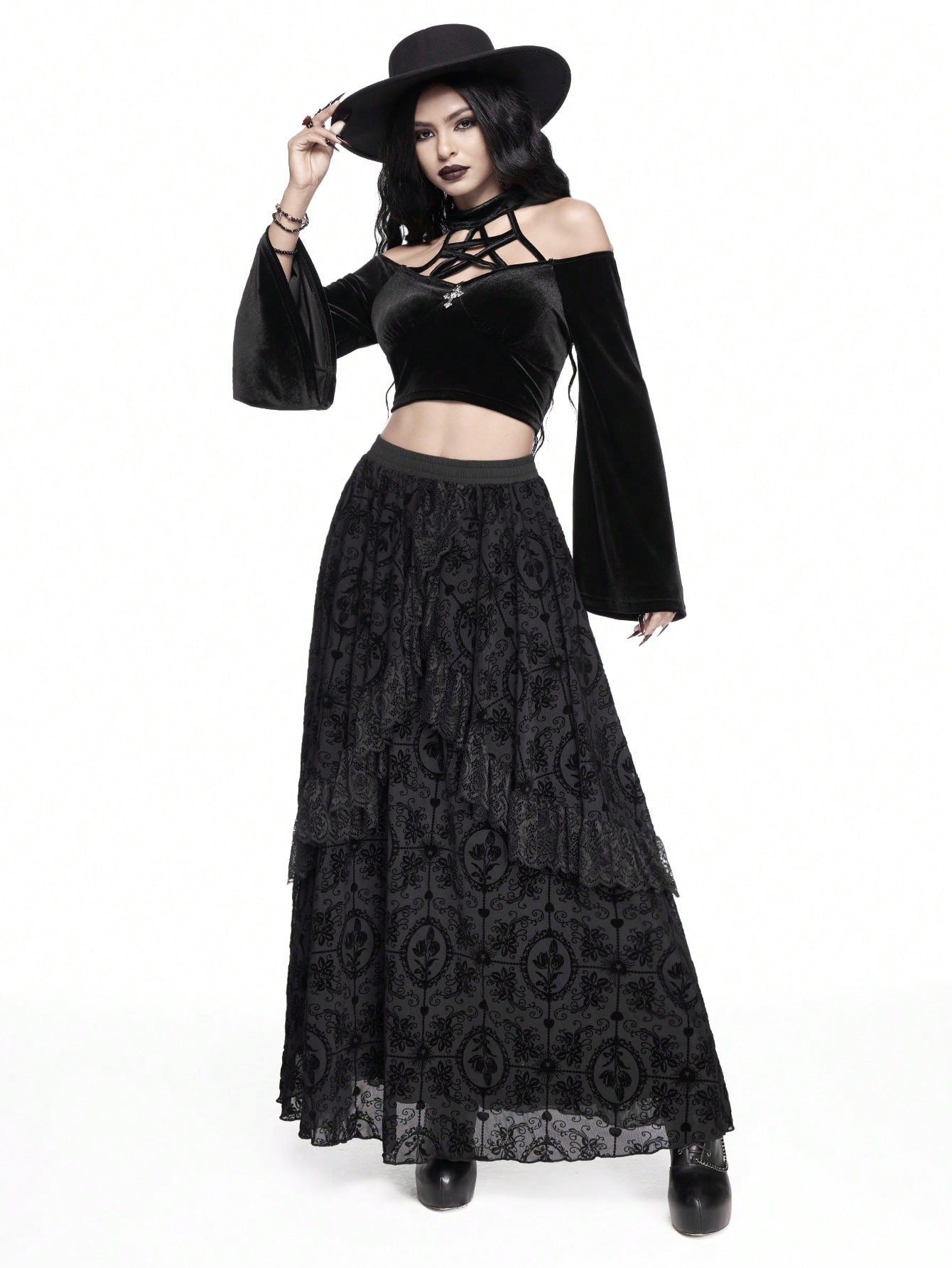Goth Gothic Retro Flocked Embossed Cross Lace Trim Asymmetrical Hem Patchwork Long Women Mini Skirt