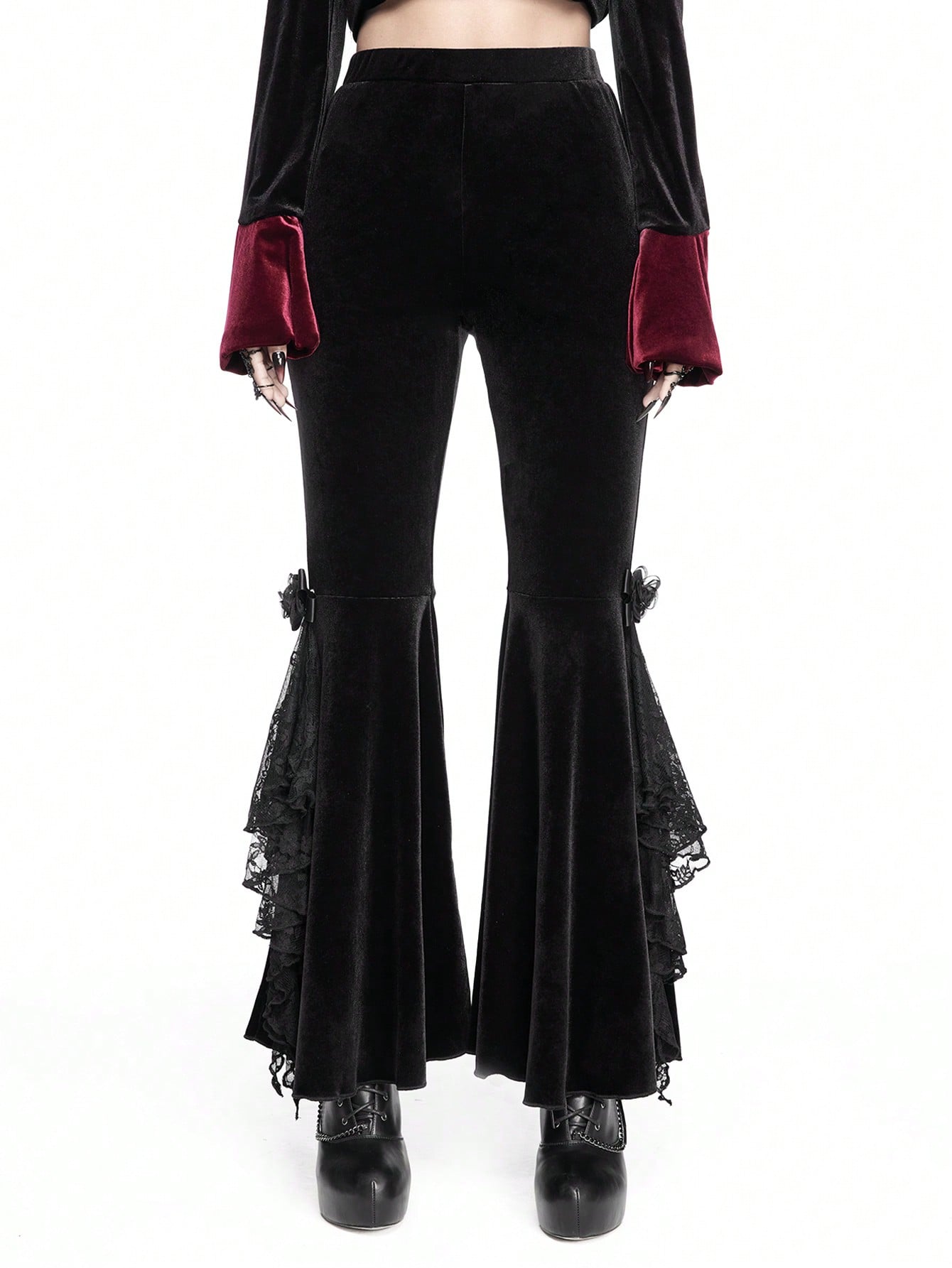 Goth Gothic Retro Dark Patchwork 3D Rose Decor Velvet Flare Pants