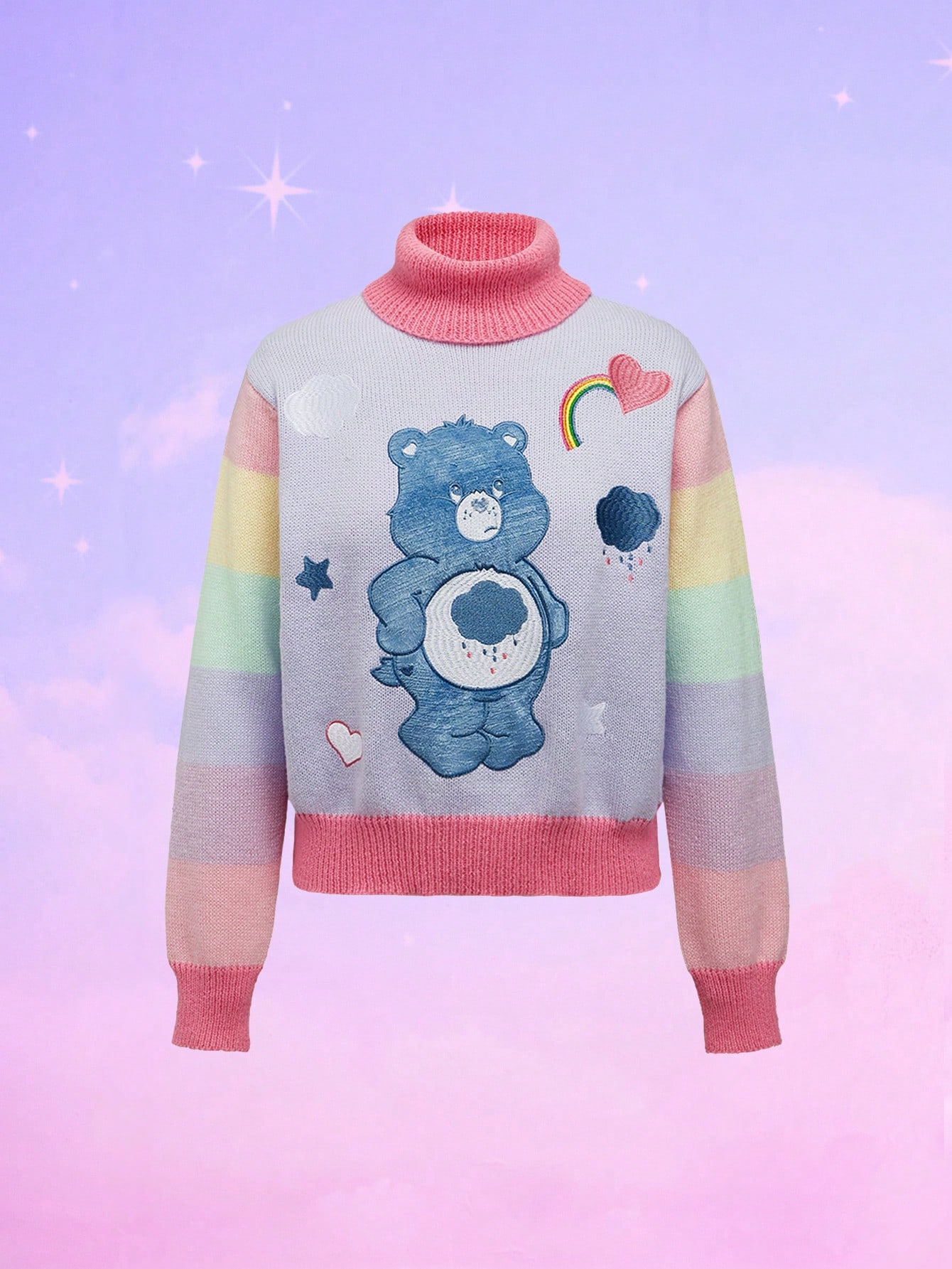 ROMWE X Care Bears Women Casual Cute Cartoon Bear Embroidered Contrast Color Turtleneck Sweater