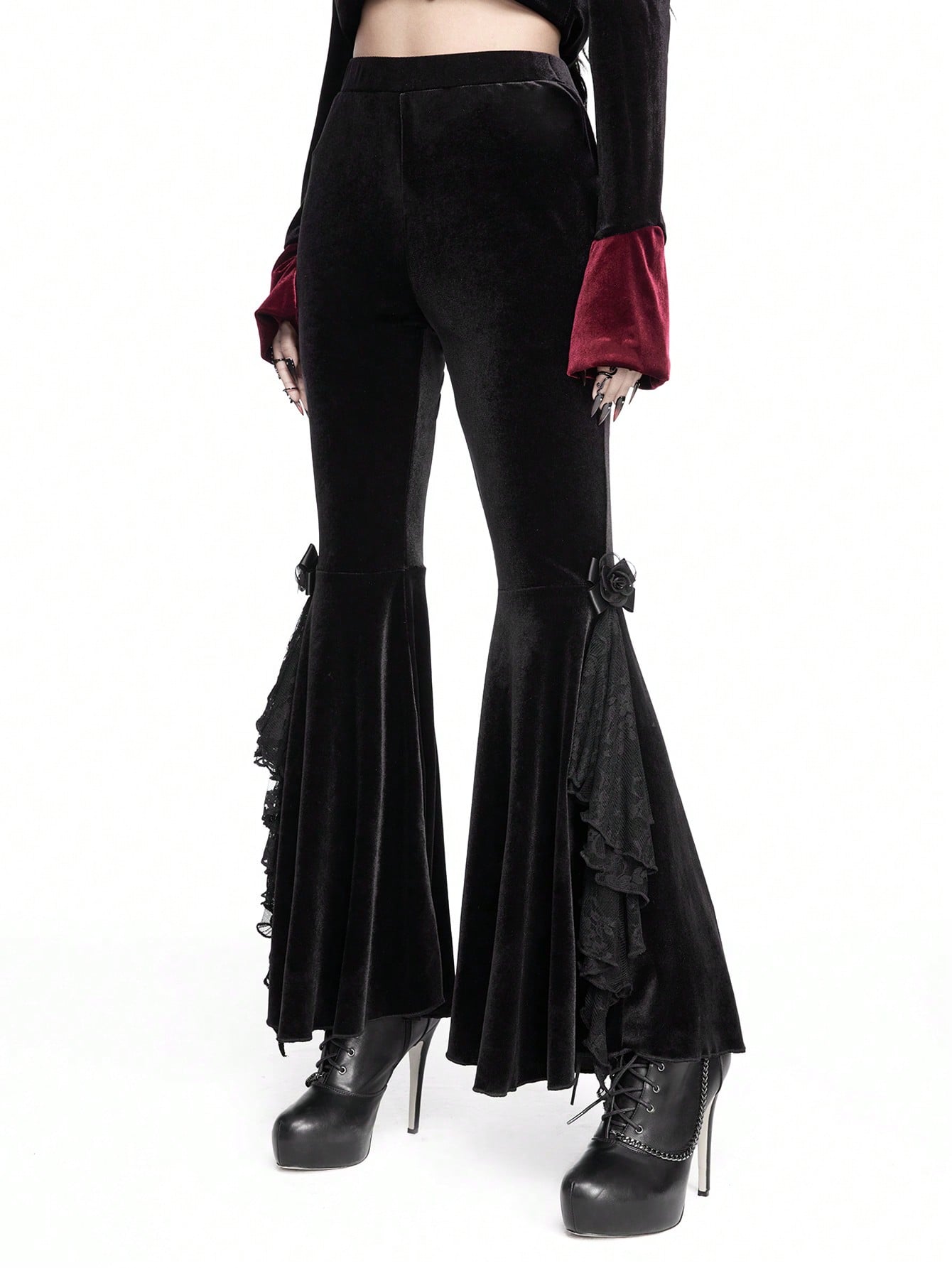 Goth Gothic Retro Dark Patchwork 3D Rose Decor Velvet Flare Pants