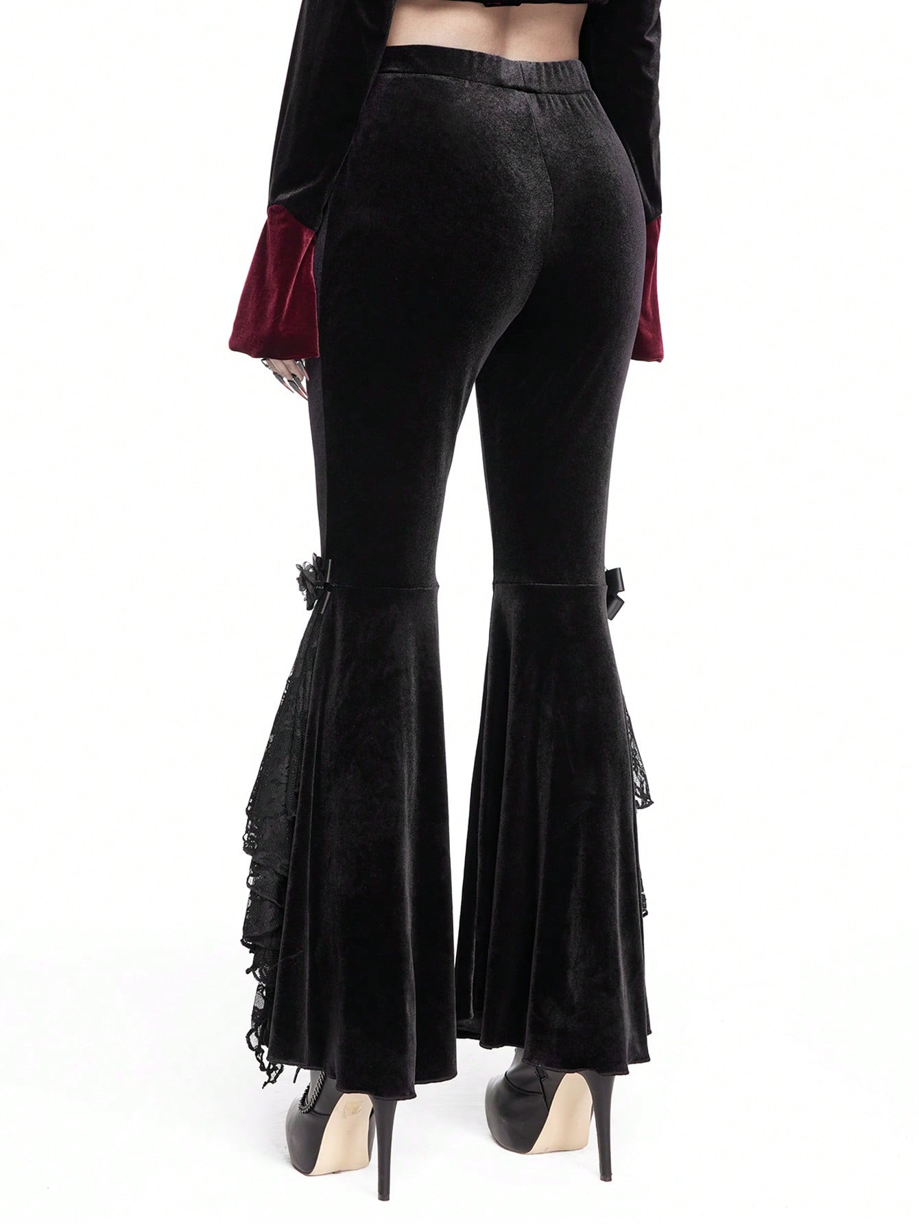 Goth Gothic Retro Dark Patchwork 3D Rose Decor Velvet Flare Pants