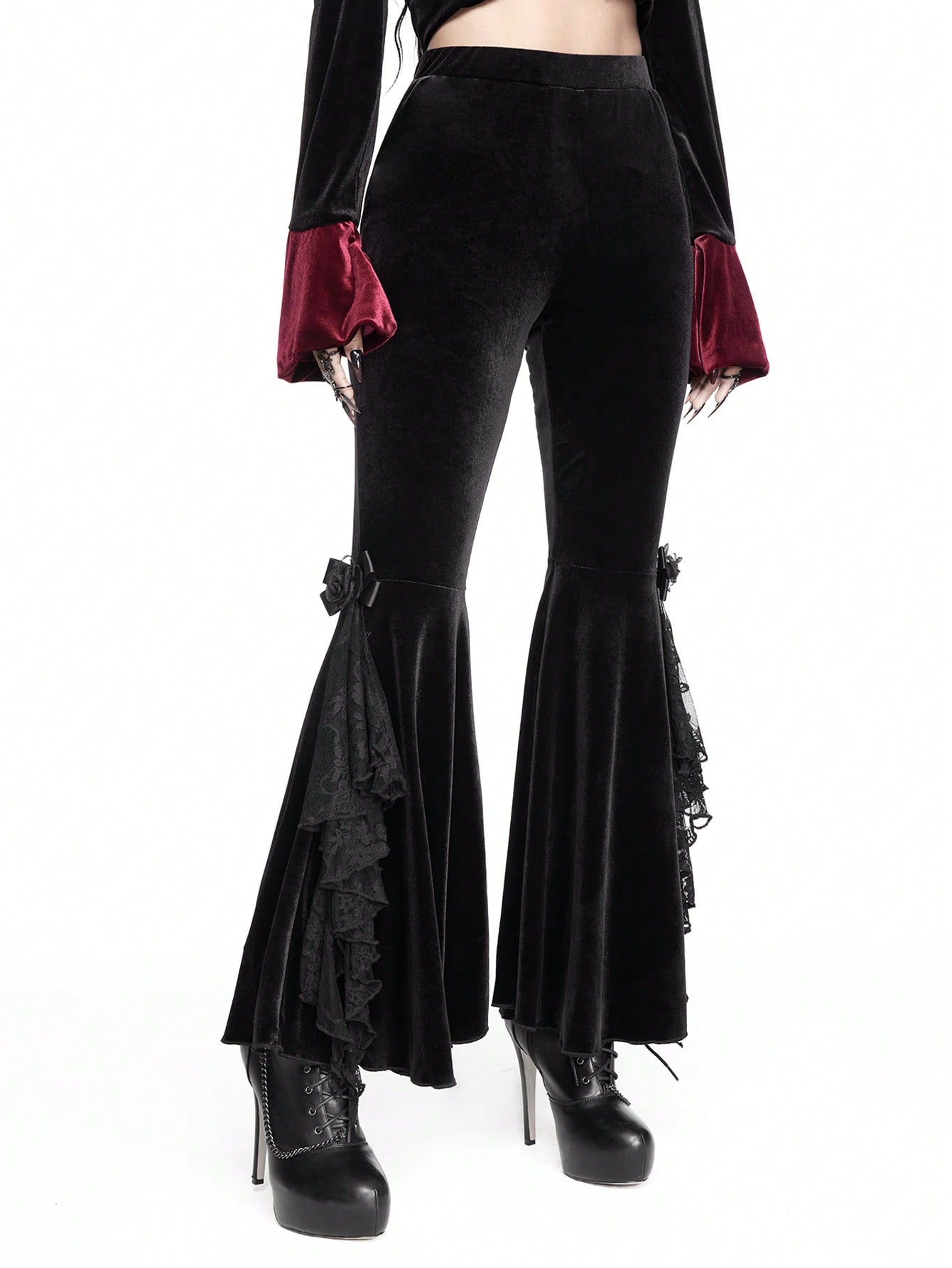 Goth Gothic Retro Dark Patchwork 3D Rose Decor Velvet Flare Pants