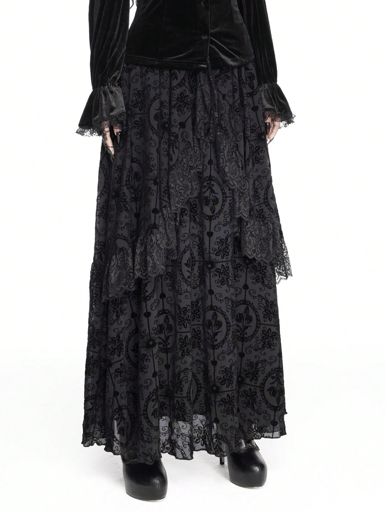 Goth Gothic Retro Flocked Embossed Cross Lace Trim Asymmetrical Hem Patchwork Long Women Mini Skirt