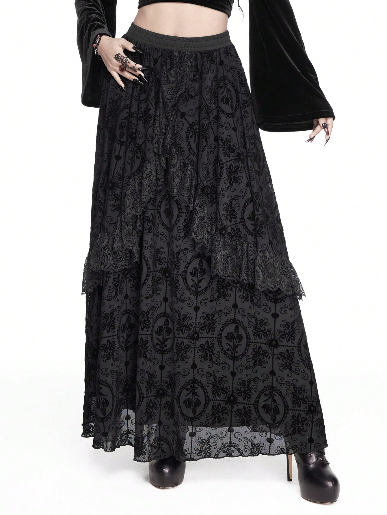 Goth Gothic Retro Flocked Embossed Cross Lace Trim Asymmetrical Hem Patchwork Long Women Mini Skirt