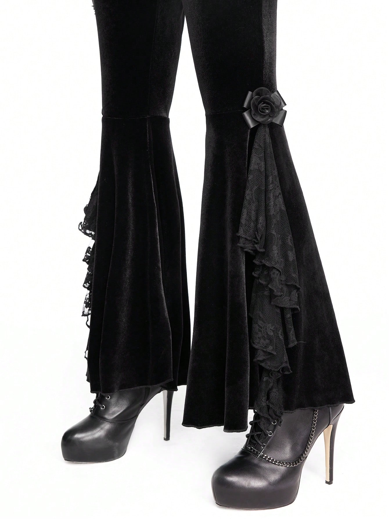 Goth Gothic Retro Dark Patchwork 3D Rose Decor Velvet Flare Pants
