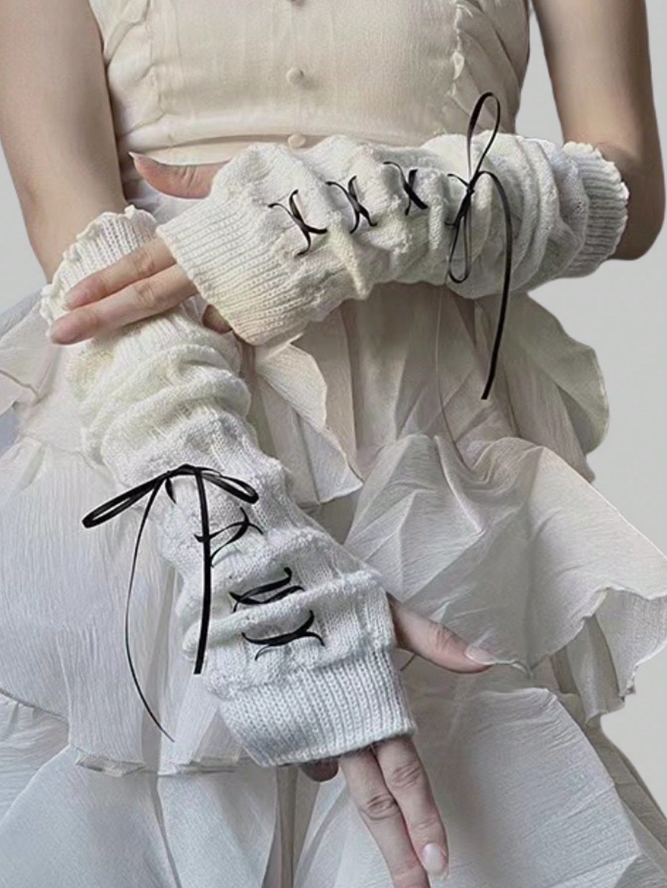 Kawaii 1 Pair Women's Cute, Basics, Y2K Style, Knit Bow Arm Warmers, Suitable For Casual And School Wear Valentines