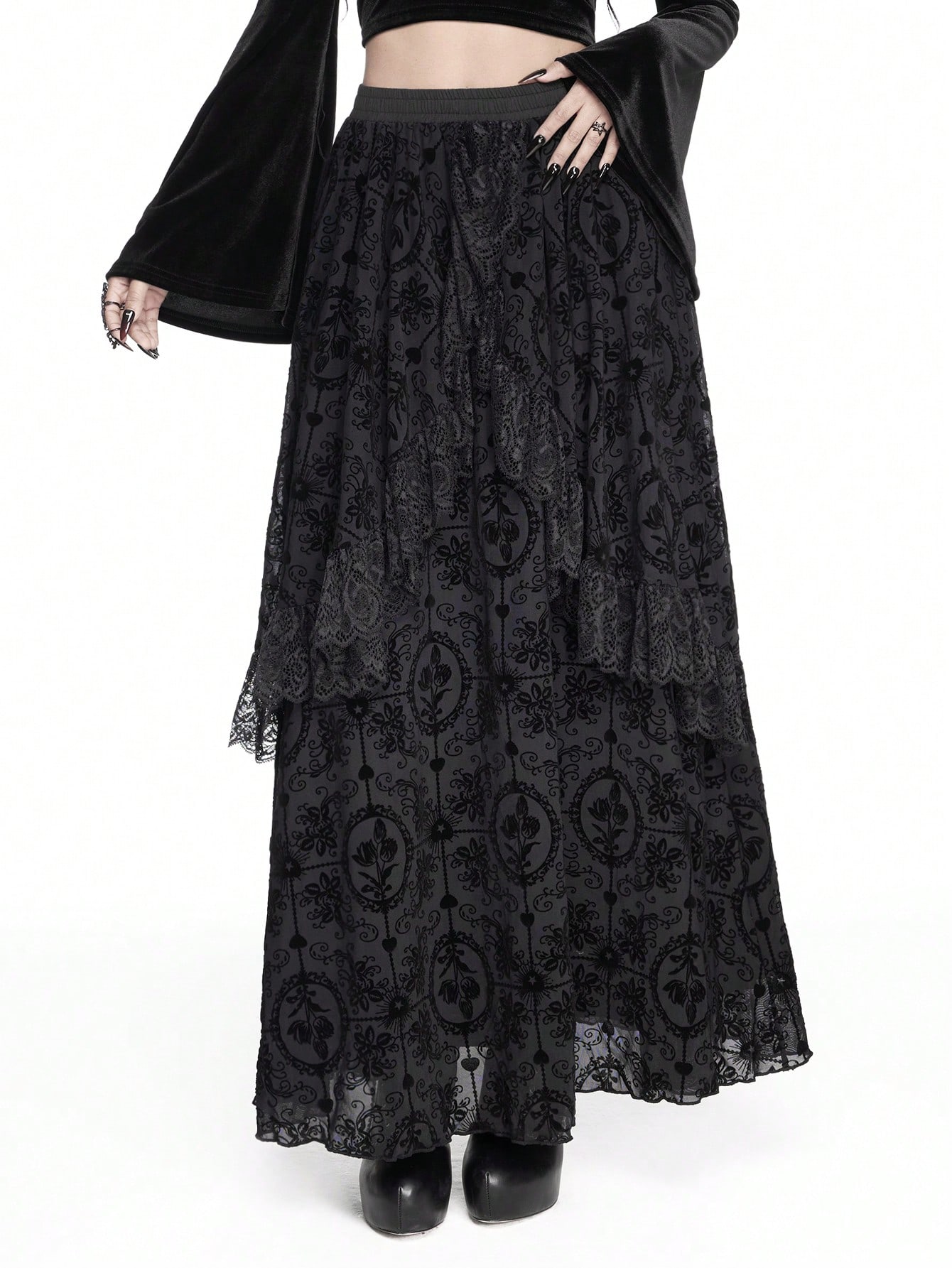 Goth Gothic Retro Flocked Embossed Cross Lace Trim Asymmetrical Hem Patchwork Long Women Mini Skirt