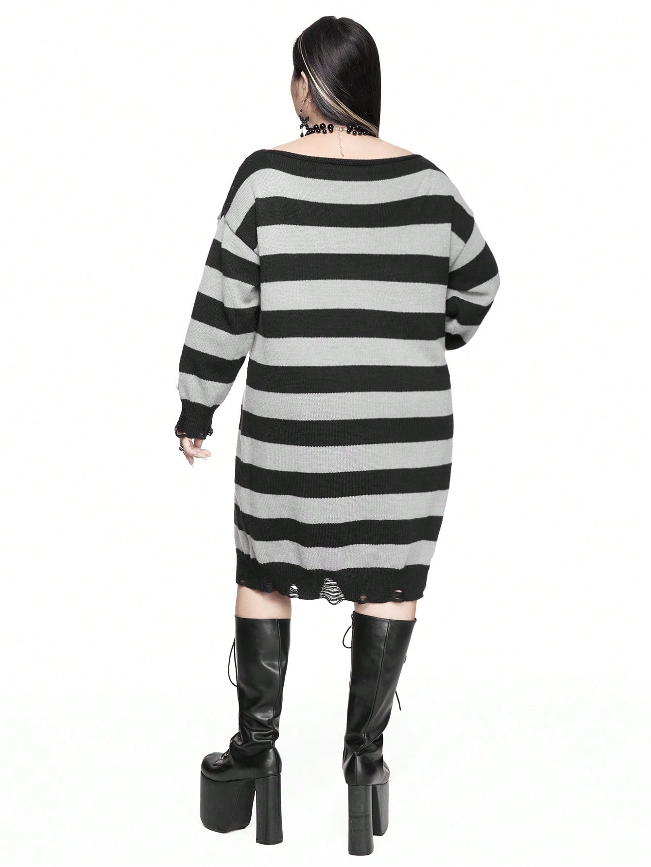 Goth Plus Size Women Gothic Punk Style Oblique Shoulder Black & Gray Striped Loose Sweater Dress, For Winter