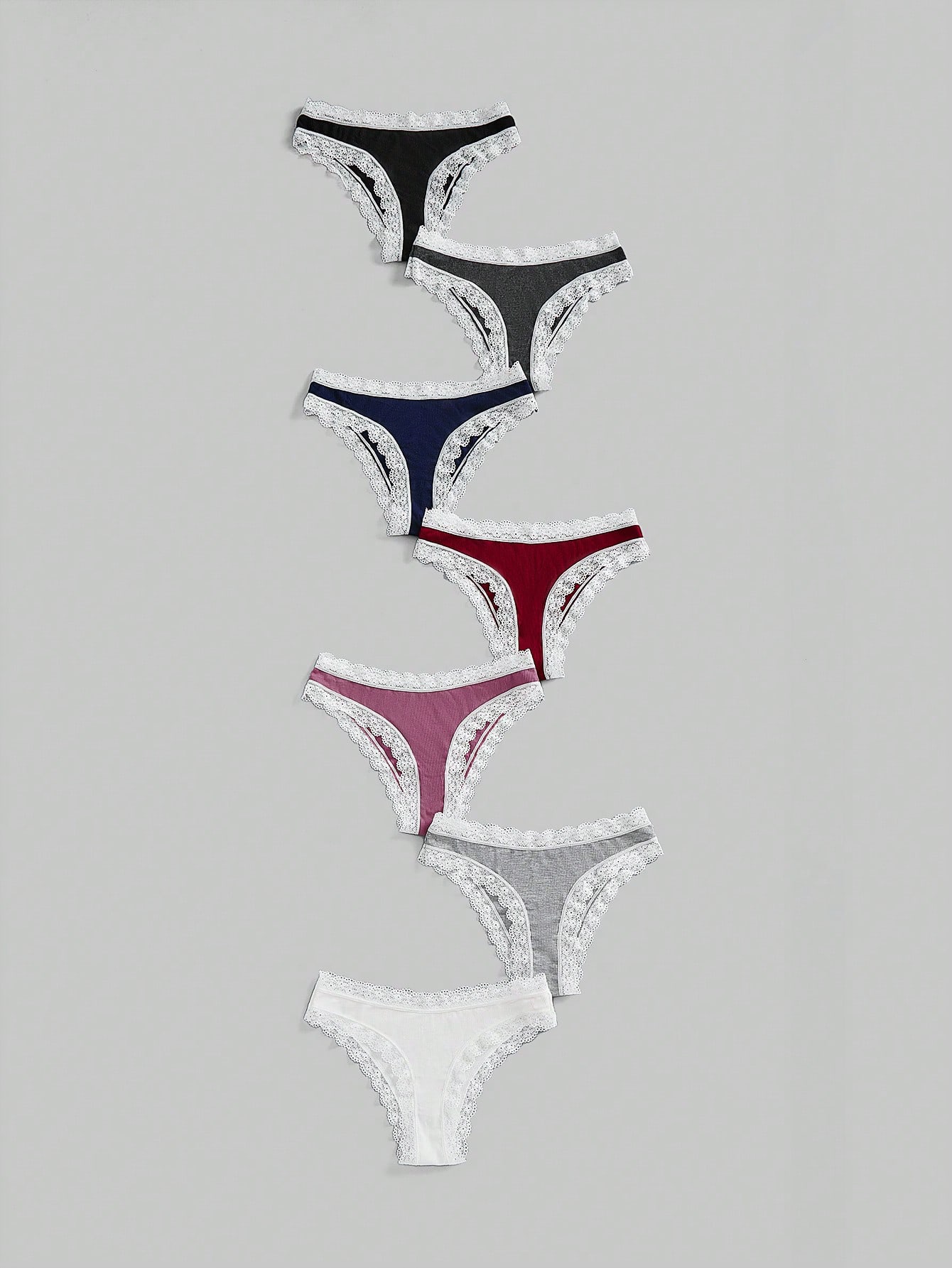 7pcs/Set Women Basic Rib Knitting With Lace Splice Design, Seamless Comfortable Minimalist Style Panty
