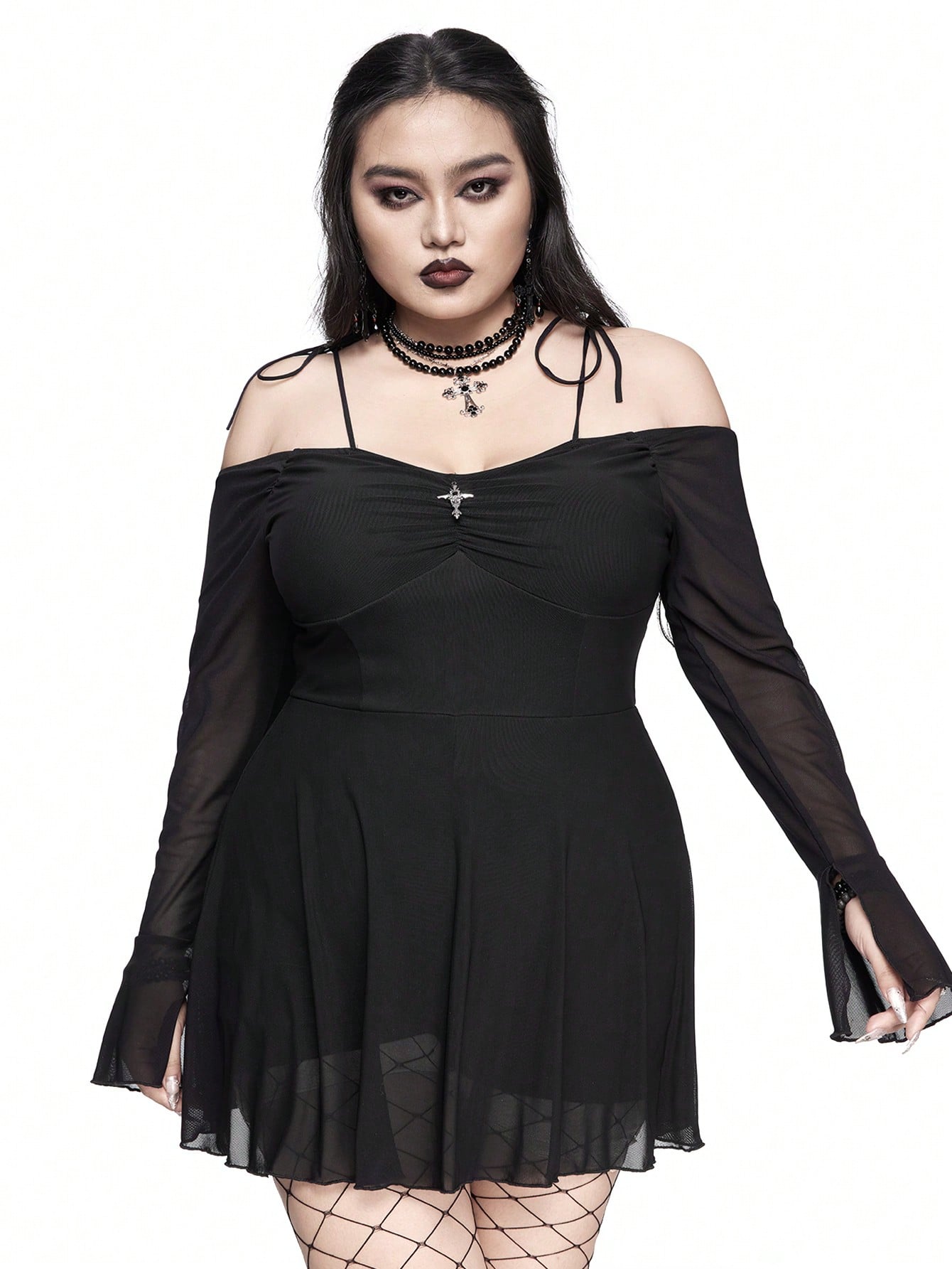 Goth Plus Size Gothic Off Shoulder Cross Metal Trim Dress